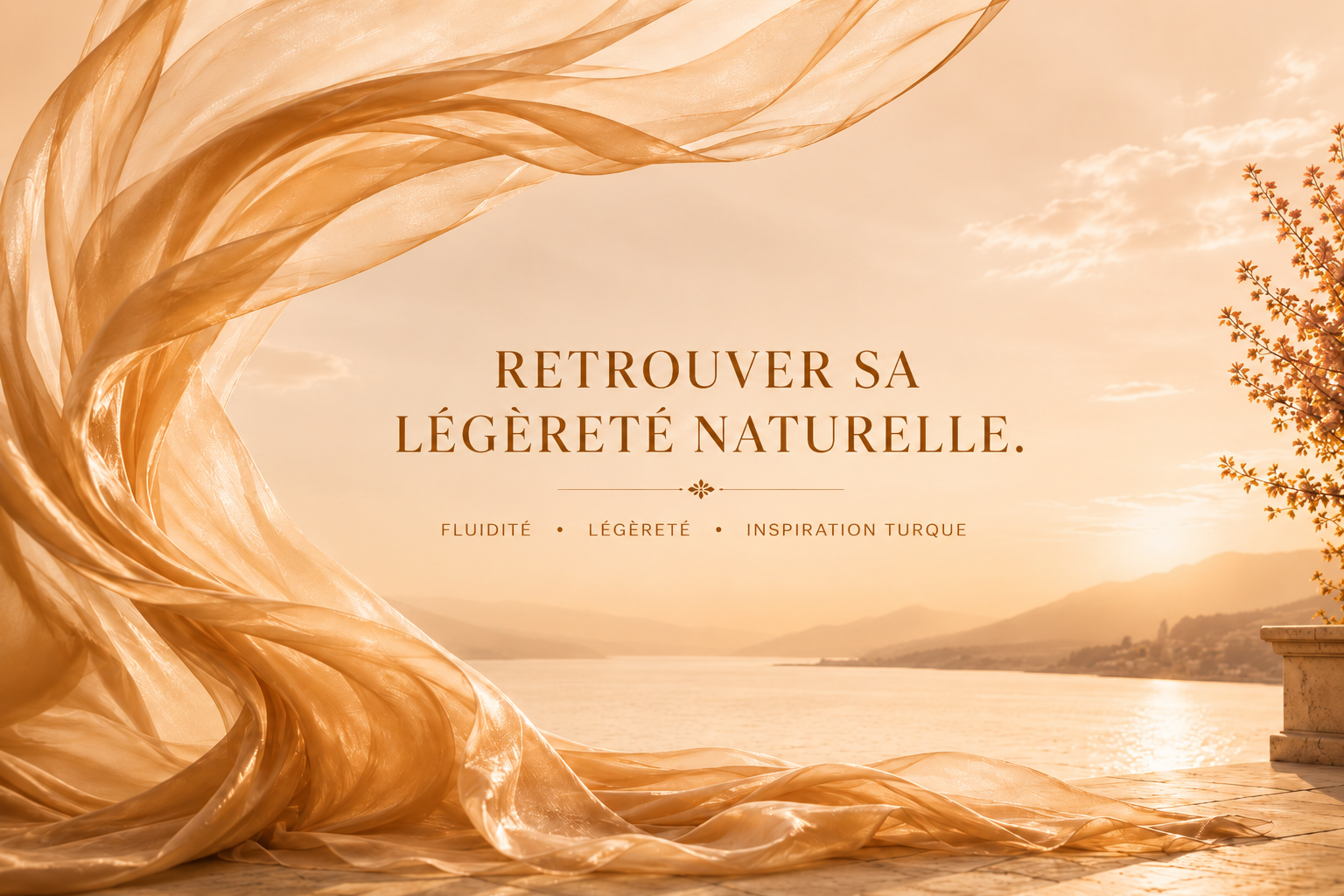 Bannière éditoriale CherryTox Hazellia avec voile aérien doré rosé, paysage inspiré de la Turquie et lumière douce évoquant la fluidité, la légèreté et l’élégance féminine.

