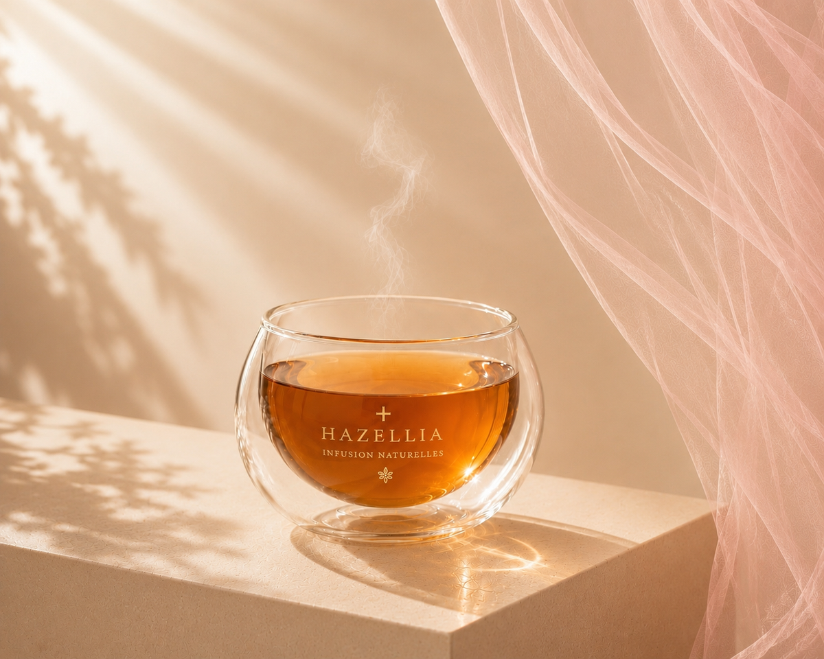 Infusion Pink Elixir Hazellia dans un mug double paroi, voile rose délicat et ambiance ivoire lumineuse – rituel féminin romantique

