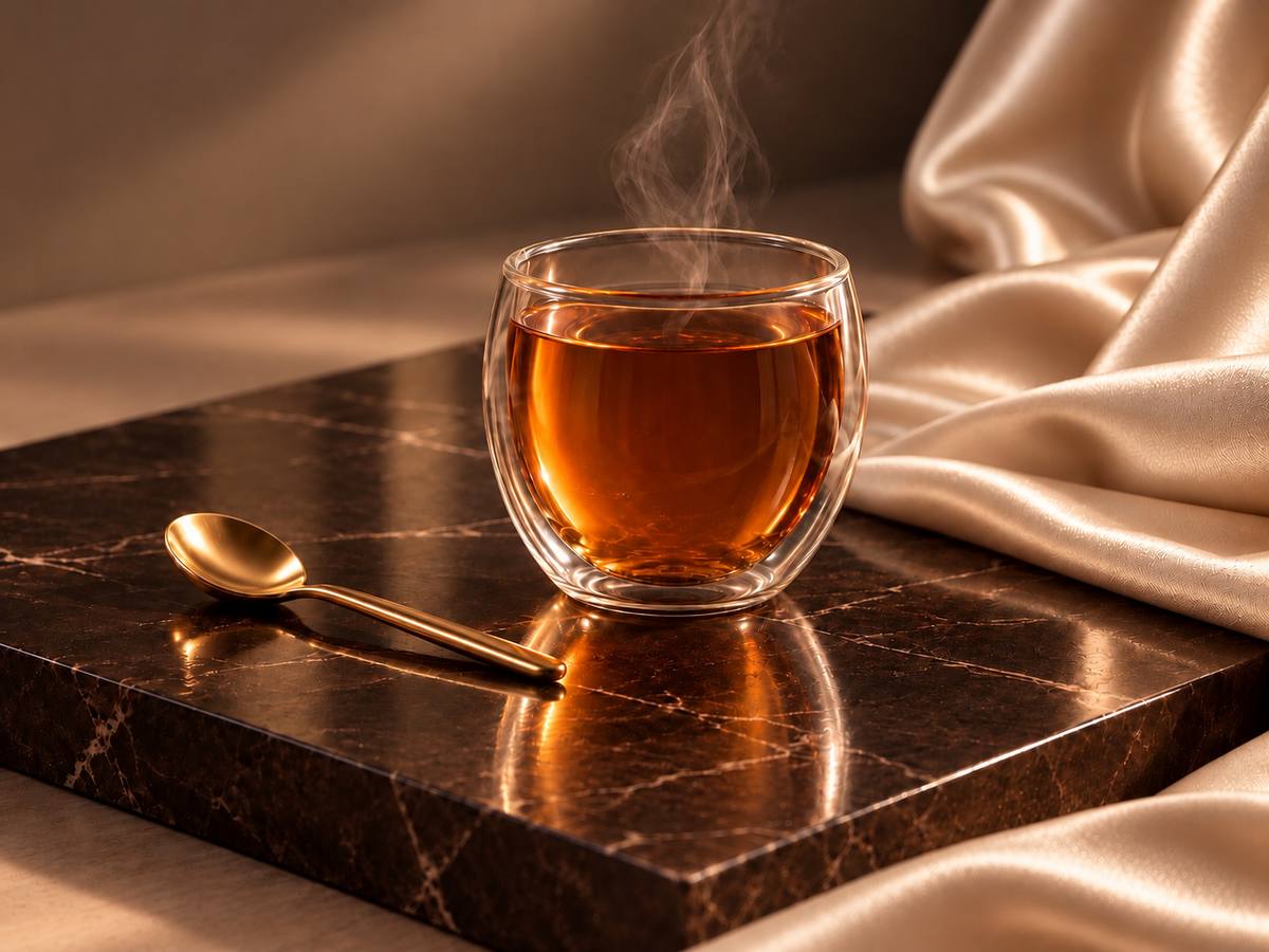 Rubrique Bien-être du Magazine Hazellia, infusion ambrée dans un verre double paroi sur marbre espresso et satin champagne.
