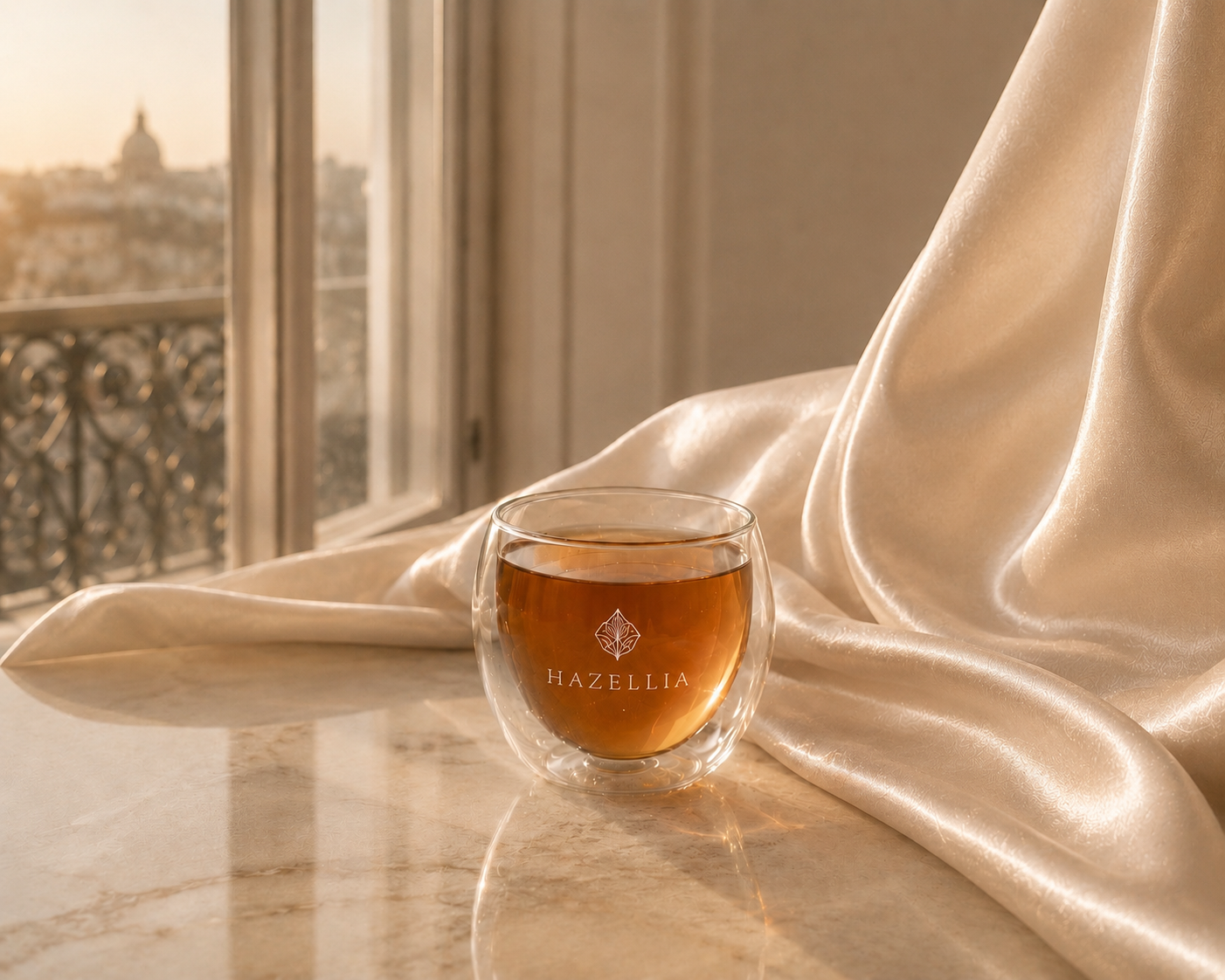 Rituels Hazellia – Rituel d’infusion féminin avec mug HazBloom, intérieur élégant, bien-être, slow living, infusion premium Hazellia

