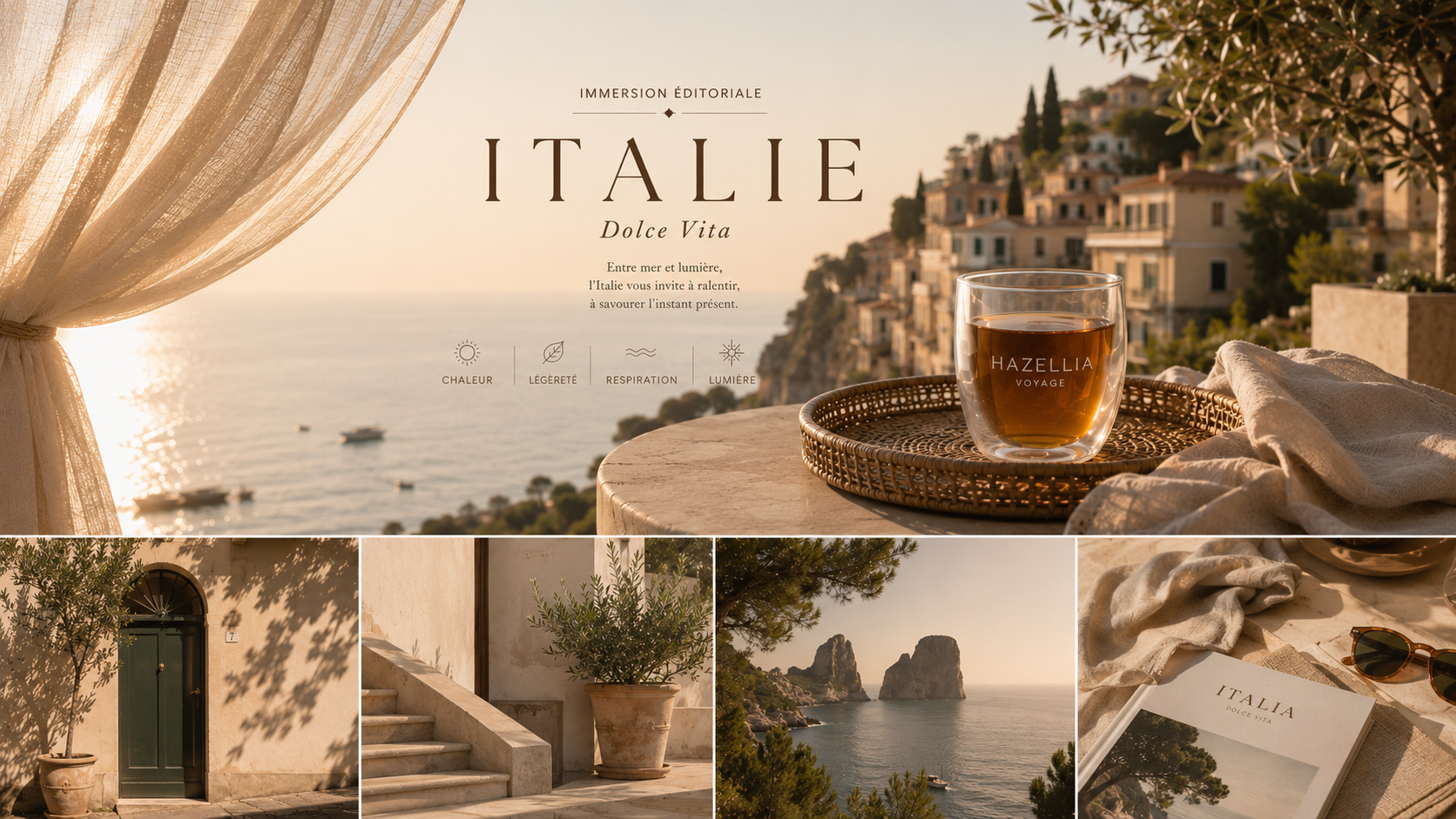 Immersion éditoriale Hazellia Voyage Italie Dolce Vita — terrasse italienne luxe face à la Méditerranée, mug double paroi ambré, lumière dorée, voile beige aérien et ambiance minimaliste inspirée de la dolce vita italienne.

