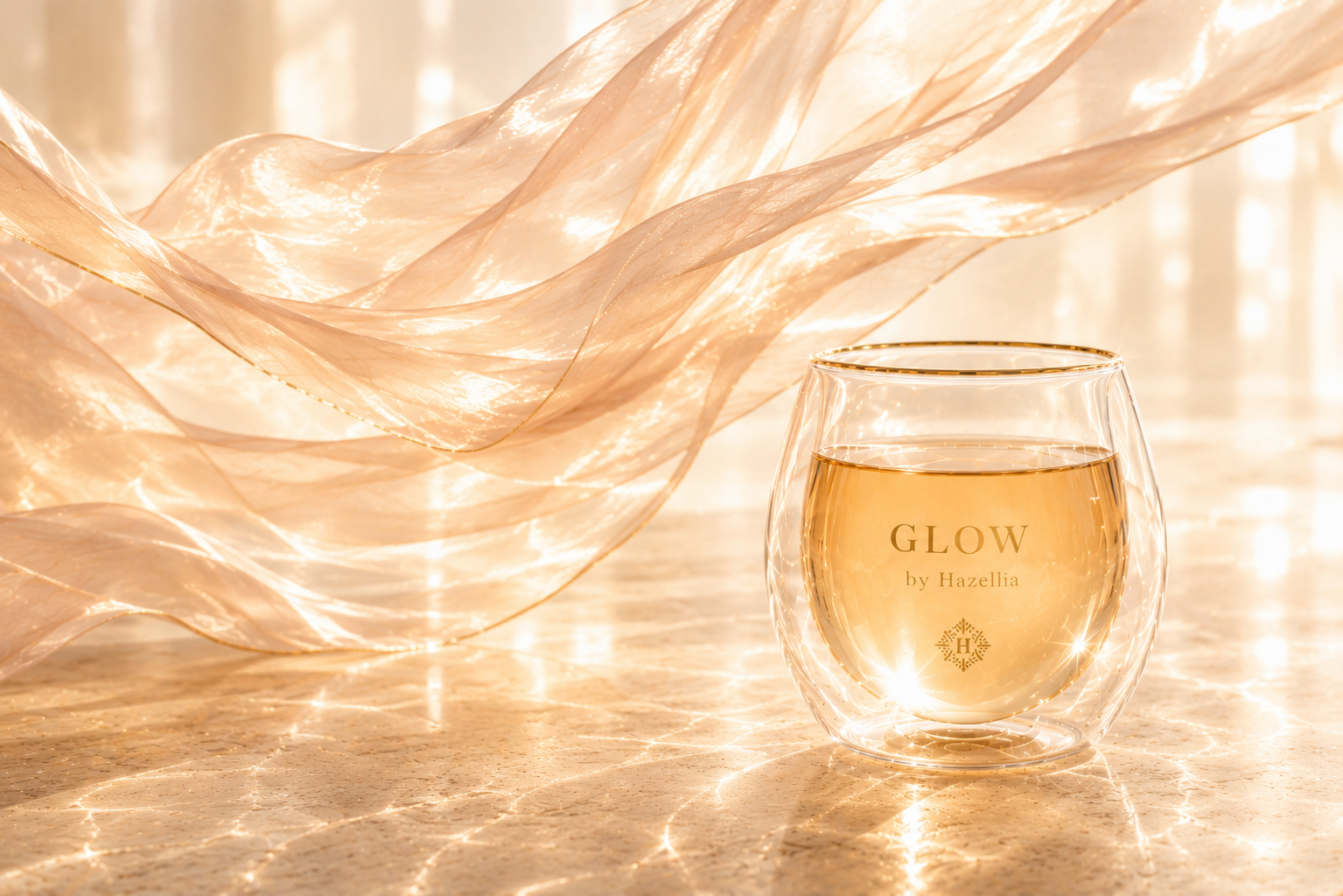 Infusion GLOW Hazellia dans un verre double paroi, voile champagne doré et rituel naturel pour révéler l’éclat de la peau.

