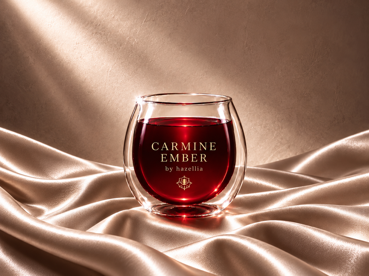 Univers Carmine Ember Hazellia, infusion rouge rubis effet bijou dans un mug cristal sur satin champagne lumineux, ambiance puissante et premium.

