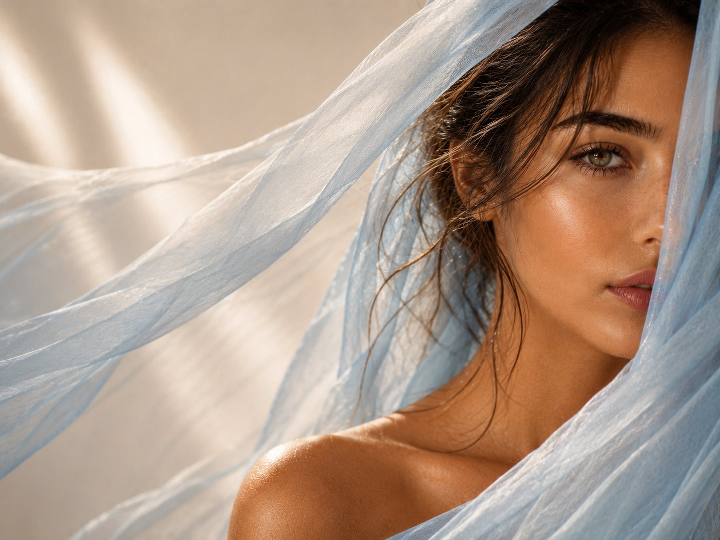 La Femme Élancée Hazellia, portrait féminin enveloppé d’un voile bleu poudré, 