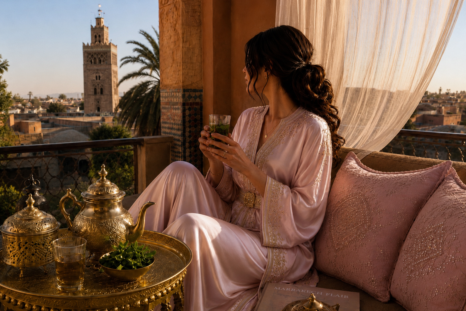 Rituel d’infusion marocain Hazellia avec femme en caftan rose poudré satiné, thé à la menthe traditionnel, théière marocaine dorée et terrasse élégante au coucher du soleil à Marrakech.

