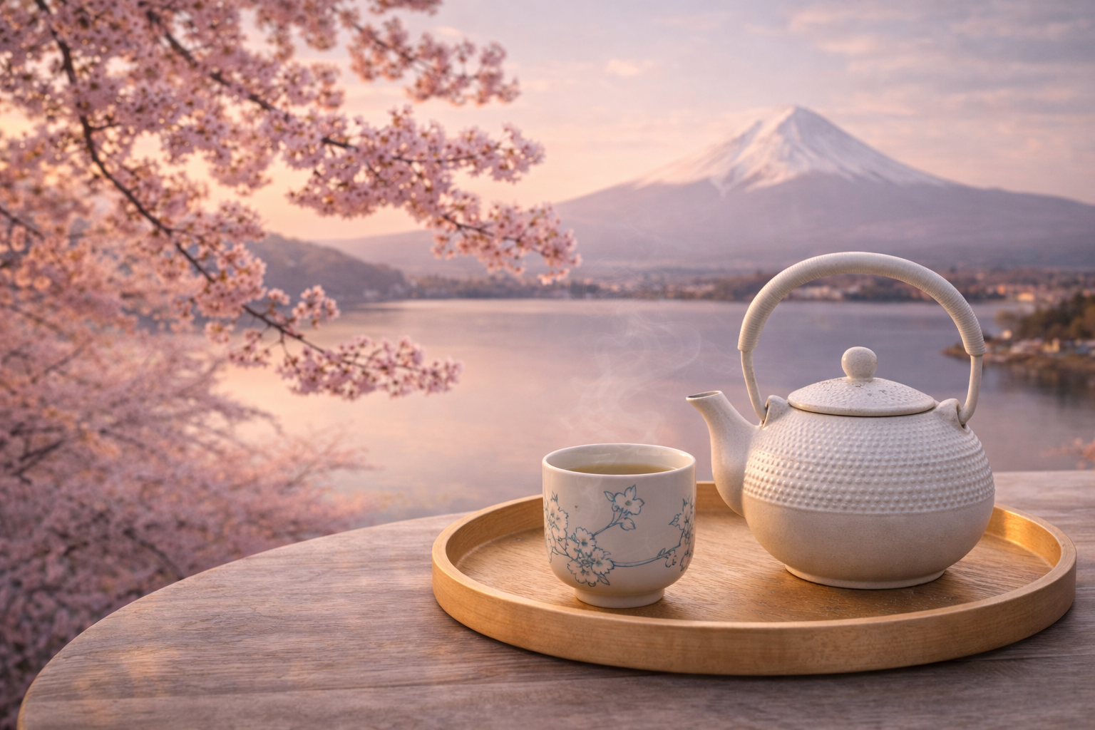 rituel d’infusion japonais théière et tasse sur plateau en bois face au mont fuji et fleurs de cerisier inspiration japon sakura hazellia

