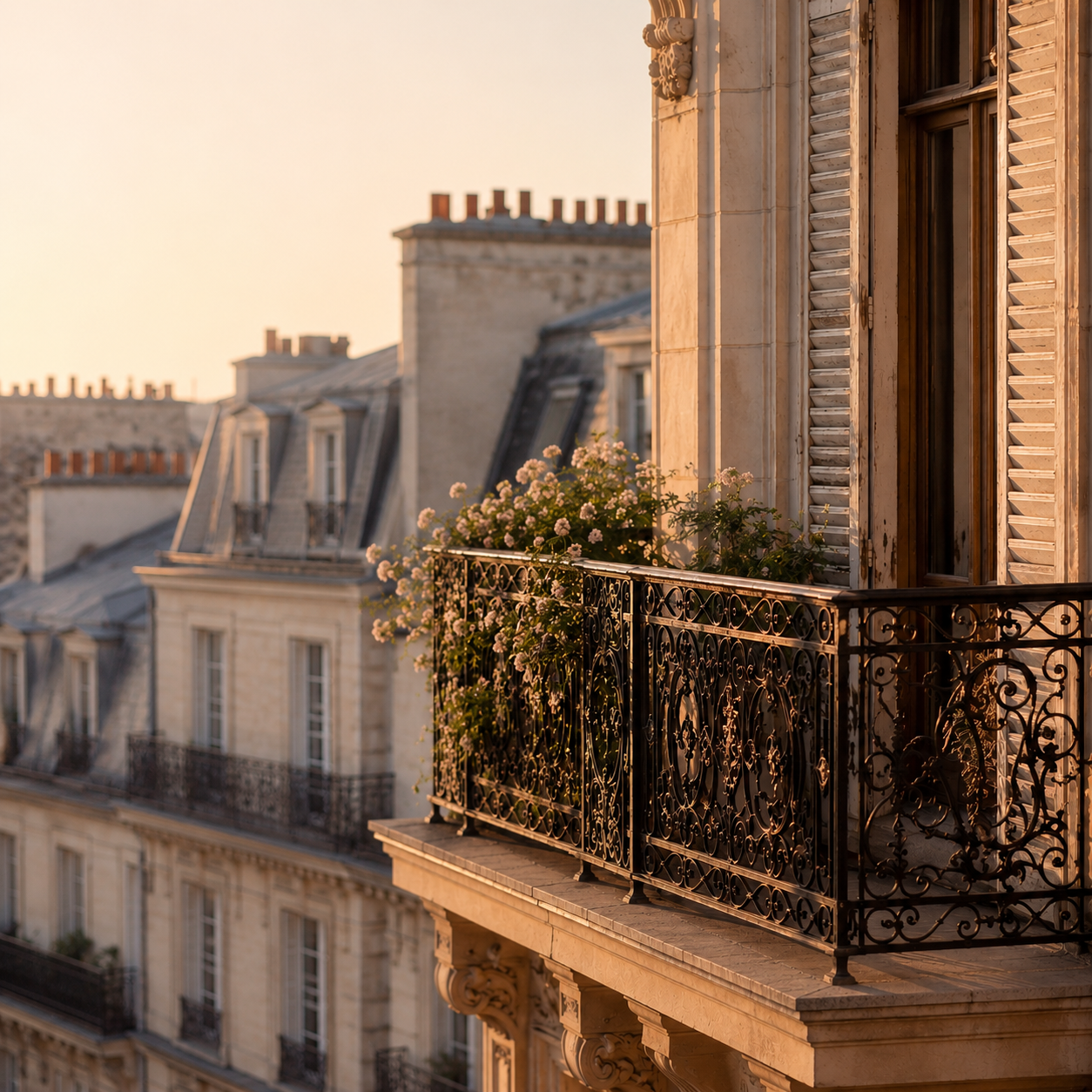 Balcon parisien haussmannien baigné de lumière dorée dans un univers élégant et féminin inspiré de l’art de vivre Hazellia.

