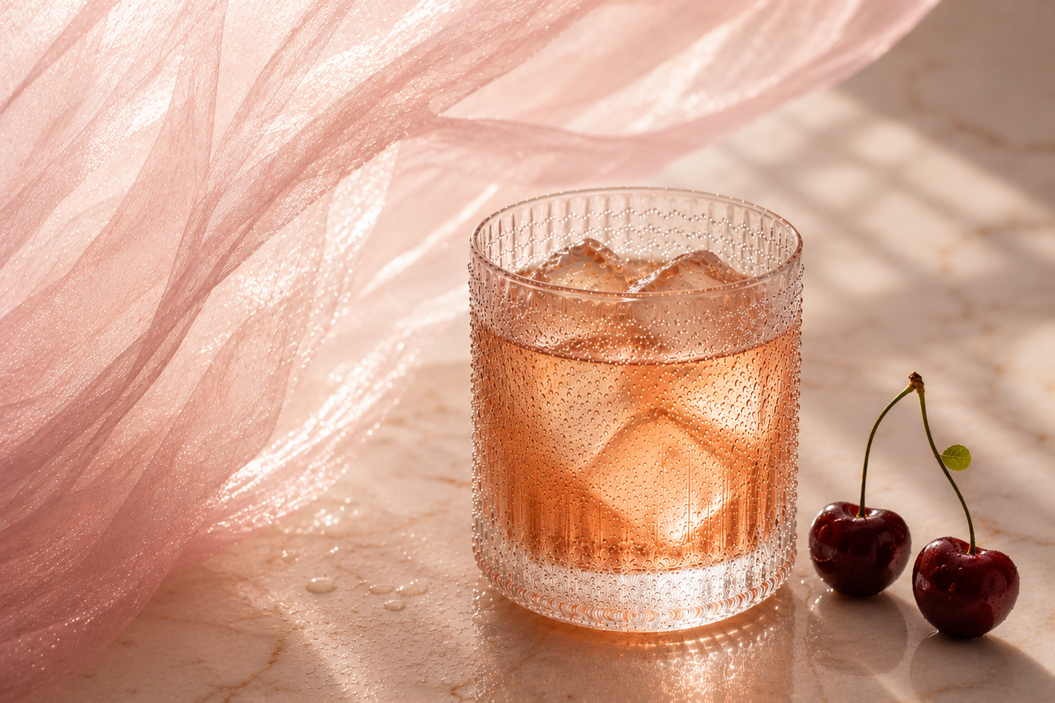 CherryTox Hazellia – infusion glacée rosée ambrée dans un verre cristal premium avec glaçons translucides, cerises fraîches et voile rose poudré aérien sur marbre luxueux

