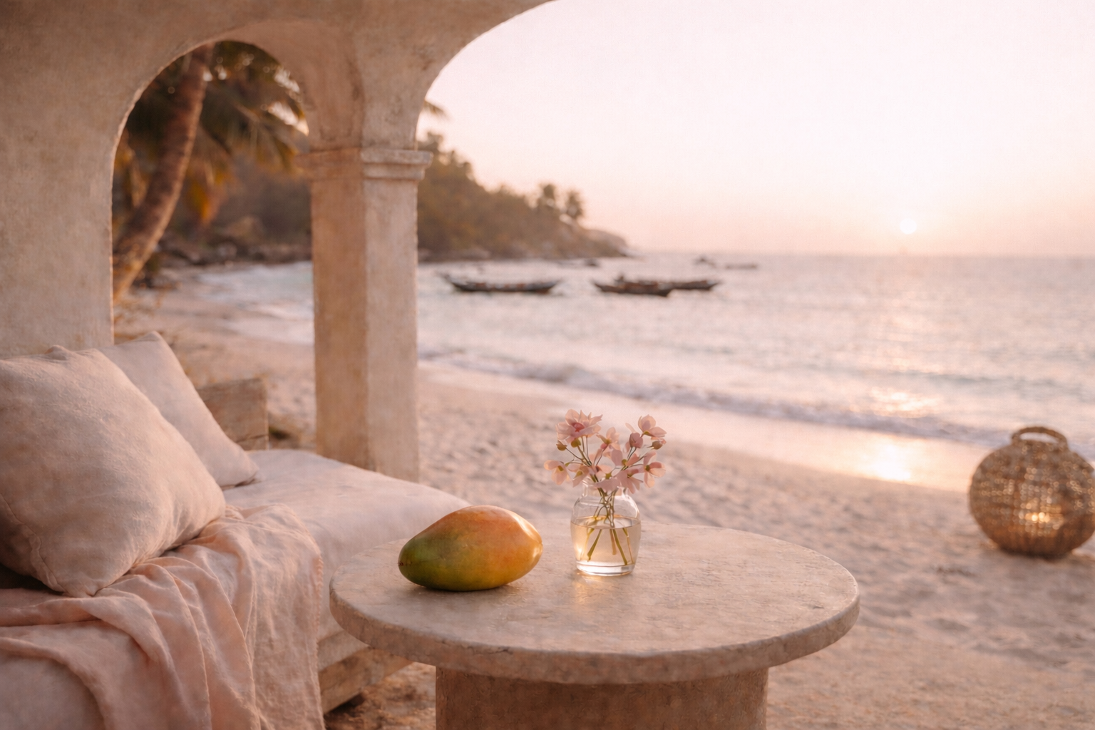 terrasse paisible au Sénégal au coucher du soleil avec mangue fraîche sur table en pierre et fleurs roses vue sur la mer hazellia voyage