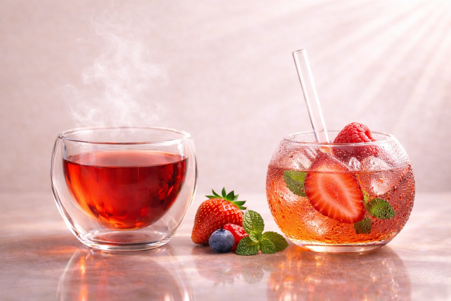 Pink Elixir en version chaude et glacée, infusion fruitée éclat, fraise et fraîcheur dans un univers féminin premium.

