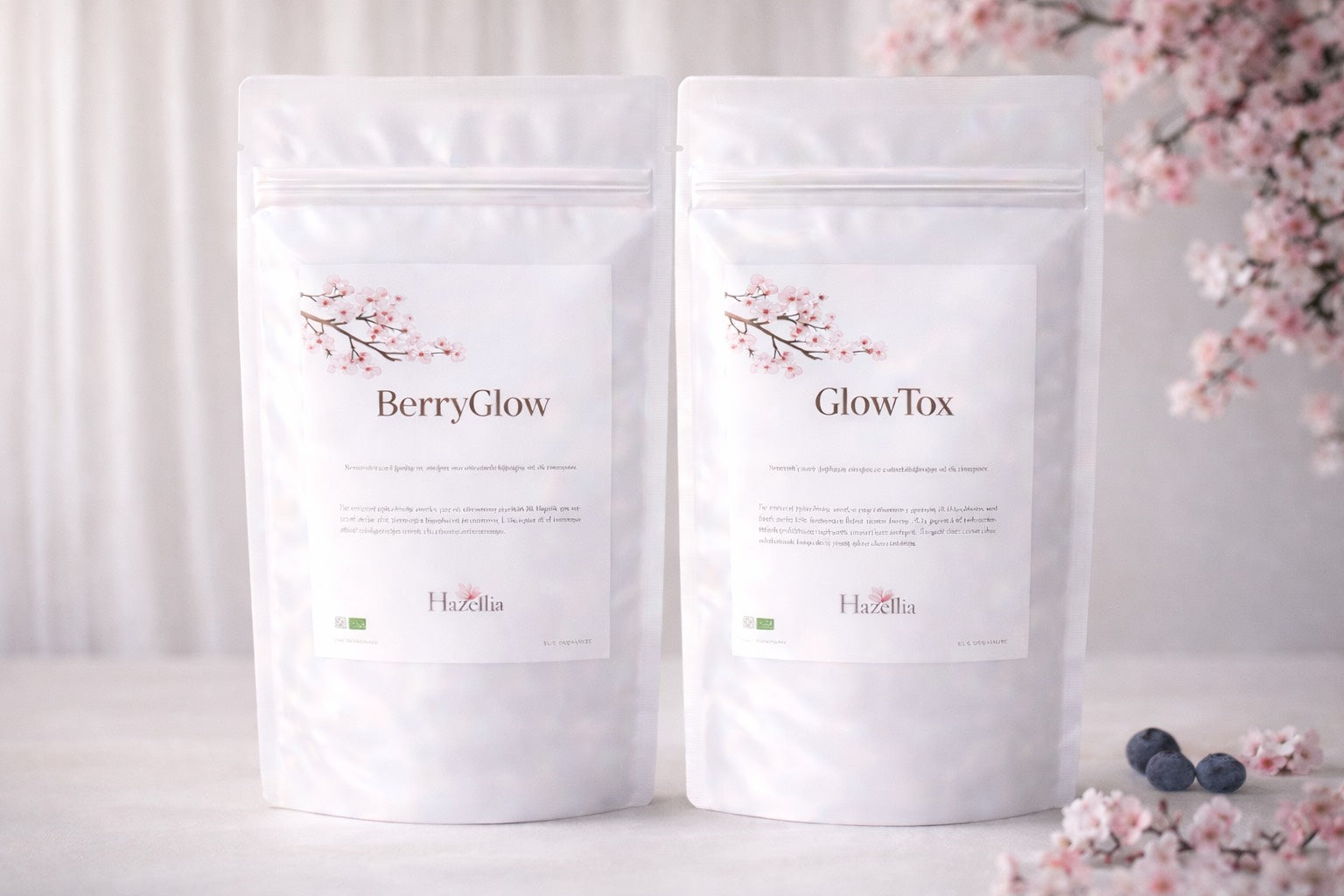 Pack duo Hazellia BerryGlow et GlowTox, deux infusions bio bien-être dans des sachets élégants blanc nacré.