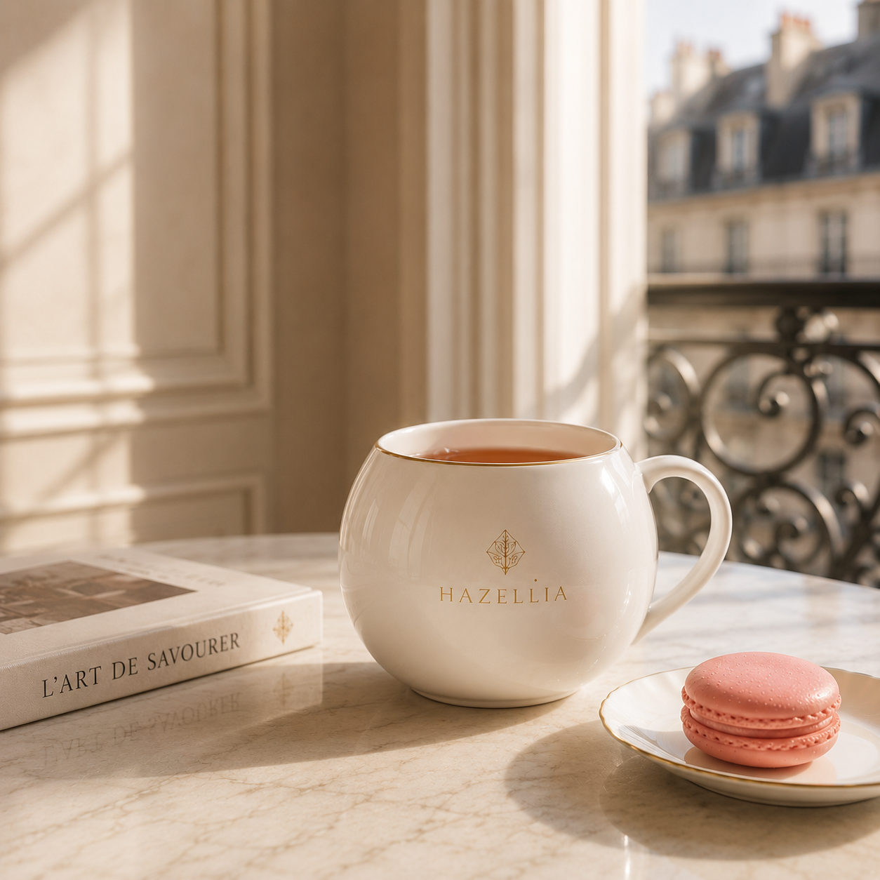 Infusion Hazellia servie dans un mug en céramique blanc avec macaron rose, lumière naturelle et décoration inspirée des salons de thé parisiens.
