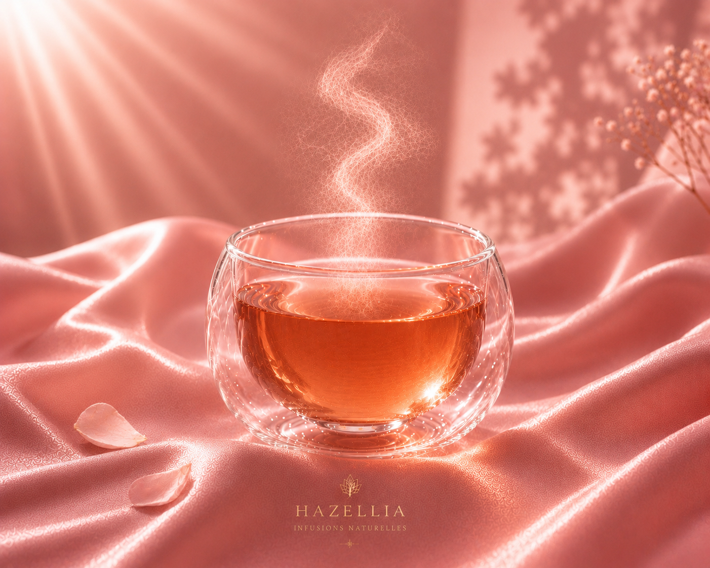 Rose Ritual Hazellia, infusion inspirée de la femme glamour, élégante et rayonnante, présentée dans un écrin de lumière dorée.

