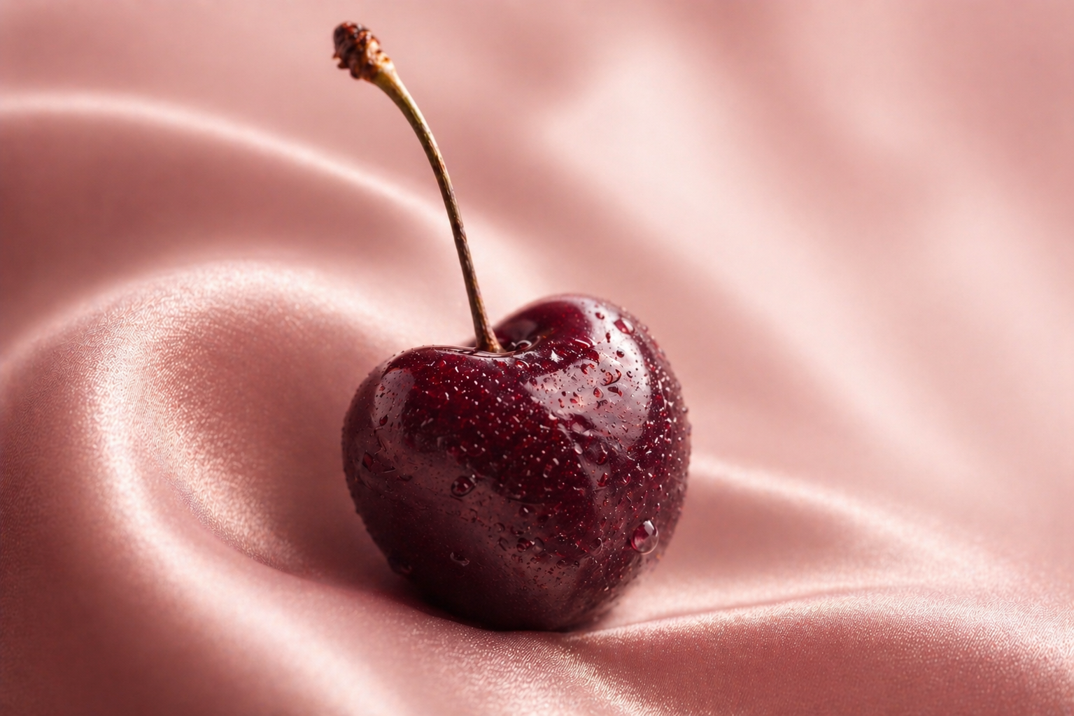 Cerise rouge bordeaux avec condensation sur tissu satin rose poudré, symbole de sensualité et rituel beauté Hazellia


