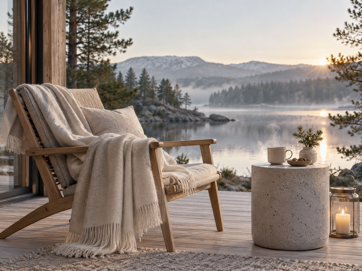 Terrasse scandinave cocooning avec fauteuil en bois, plaid ivoire et vue sur un lac nordique au lever du jour – Hazellia

