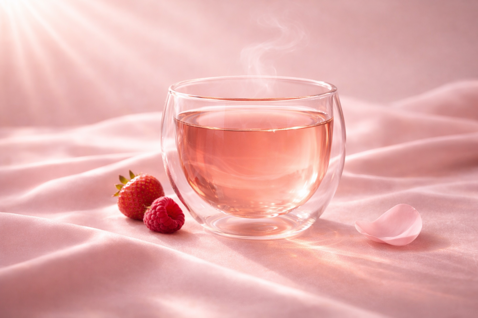 Infusion BerryGlow Hazellia dans un mug double paroi sur satin rose poudré, ambiance luxe parfum, fraise et framboise fraîches, vapeur délicate.

