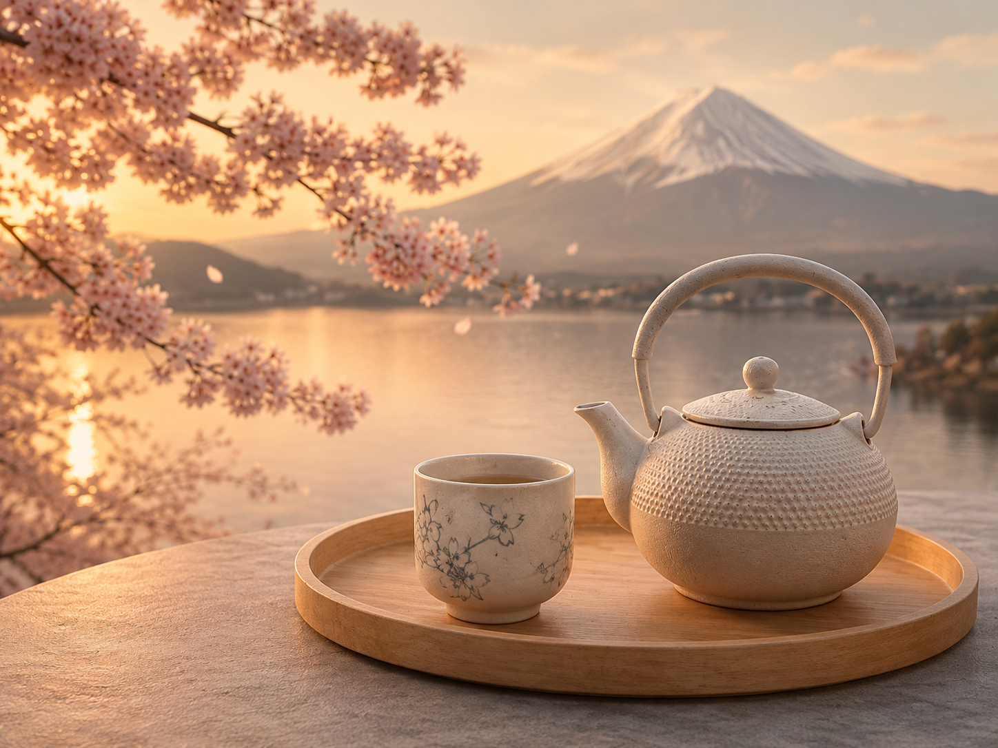 Vue premium d’un rituel d’infusion japonais face au Mont Fuji avec théière blanche texturée, tasse florale, fleurs de sakura et lumière dorée apaisante dans un univers slow living luxe inspiré du Japon par Hazellia Voyage.

