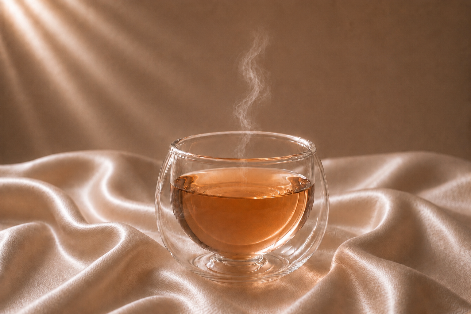 Infusion Pink Élixir Hazellia dans une tasse en verre double paroi, thé ambré légèrement rosé sur satin champagne, univers romantique et rituel d’infusion haut de gamme.

