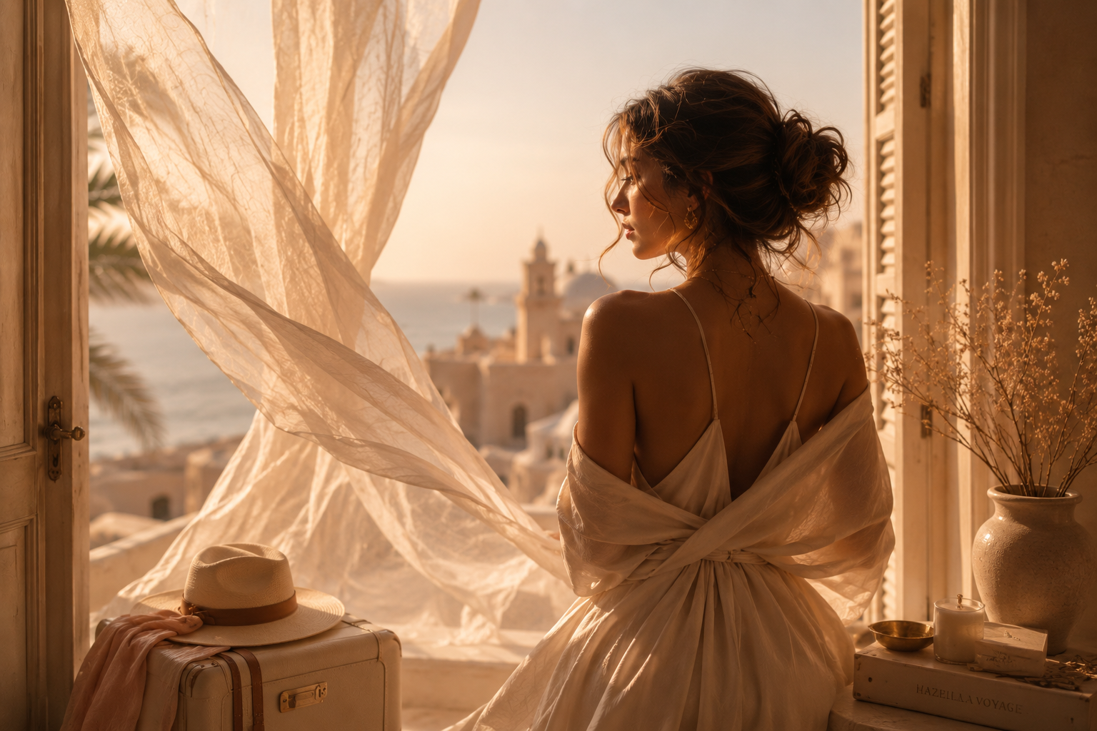 Femme élégante dans un intérieur lumineux inspiré du voyage, voilage beige rosé flottant face à la mer Méditerranée, ambiance luxe slow living et féminité douce – Hazellia Voyage
