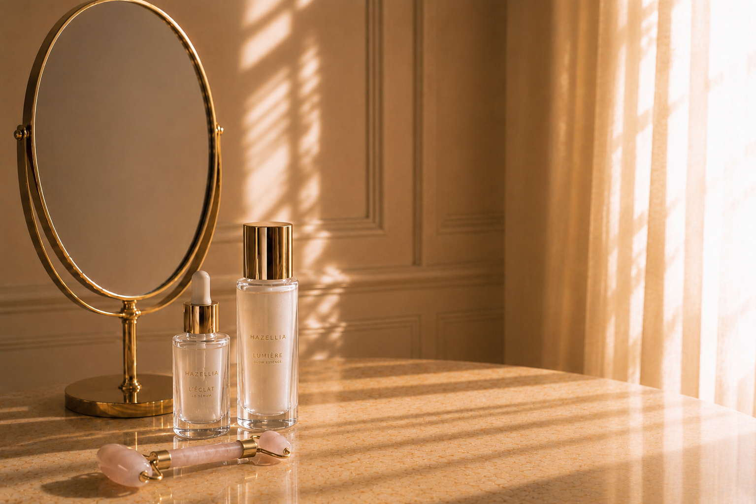 Beauté & Éclat naturel Hazellia, soins visage premium, sérum, essence glow, rouleau de quartz rose, rituel slow beauty et univers féminin de luxe aux tons champagne.

