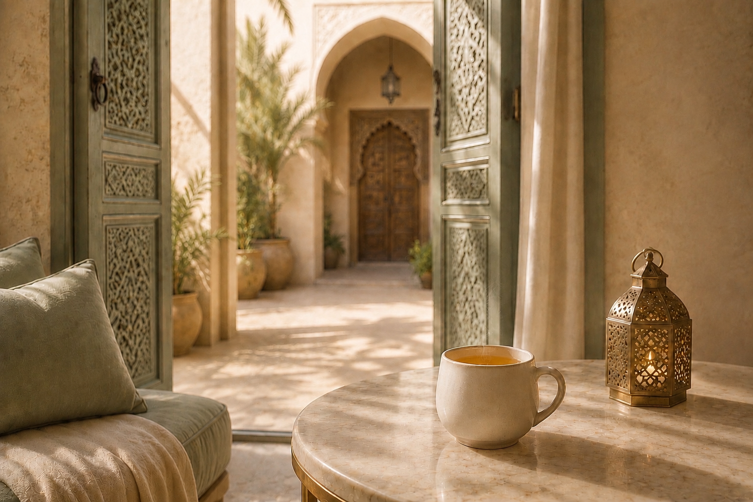 Infusion Mint Atlas Hazellia dans un mug en céramique ivoire, thé à la menthe ambré, intérieur marocain moderne avec porte marocaine, tons vert sauge, beige et champagne, rituel de bien-être et voyage au Maroc.


