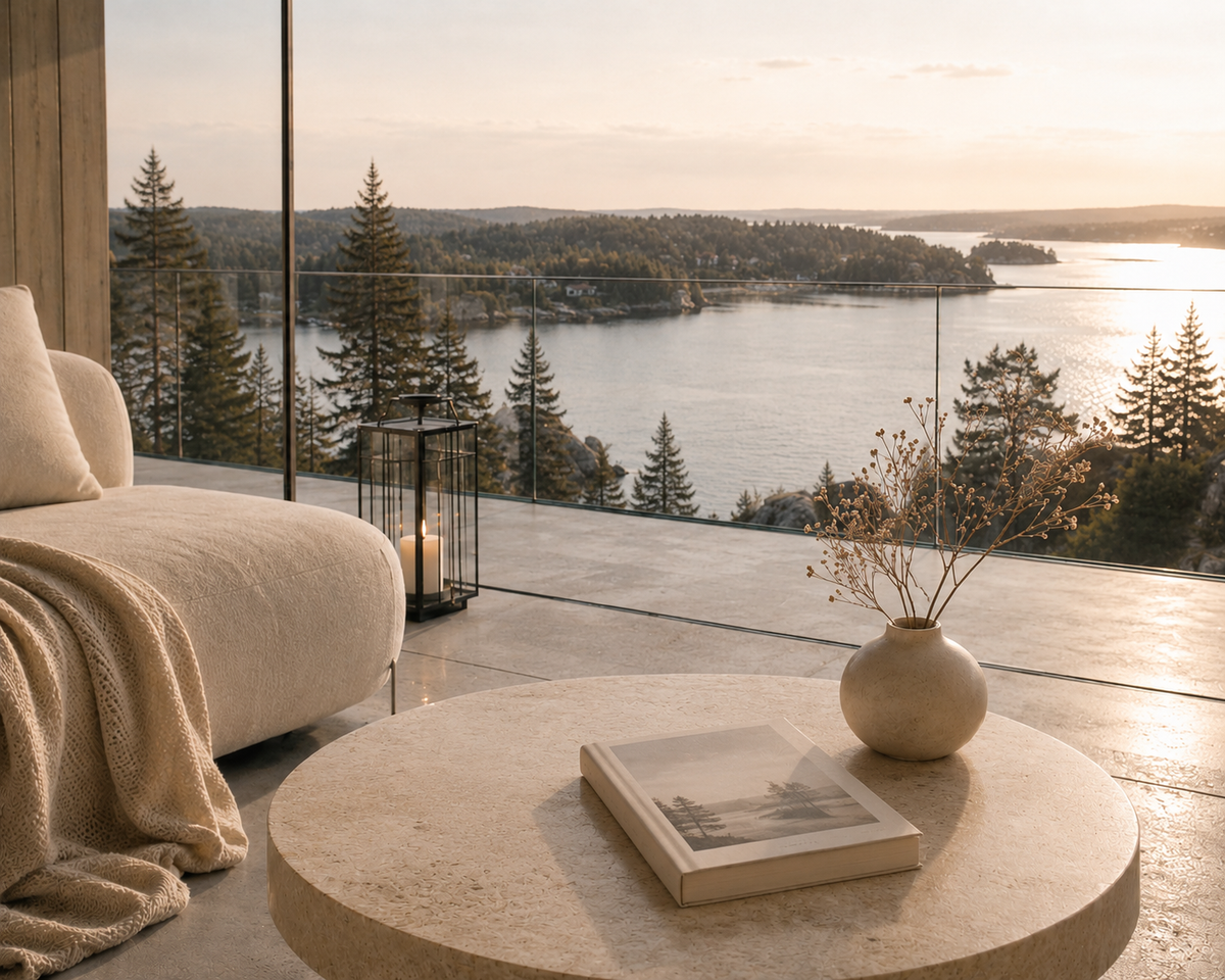 Scandinavie cocooning – intérieur contemporain avec vue sur paysage nordique et conifères

