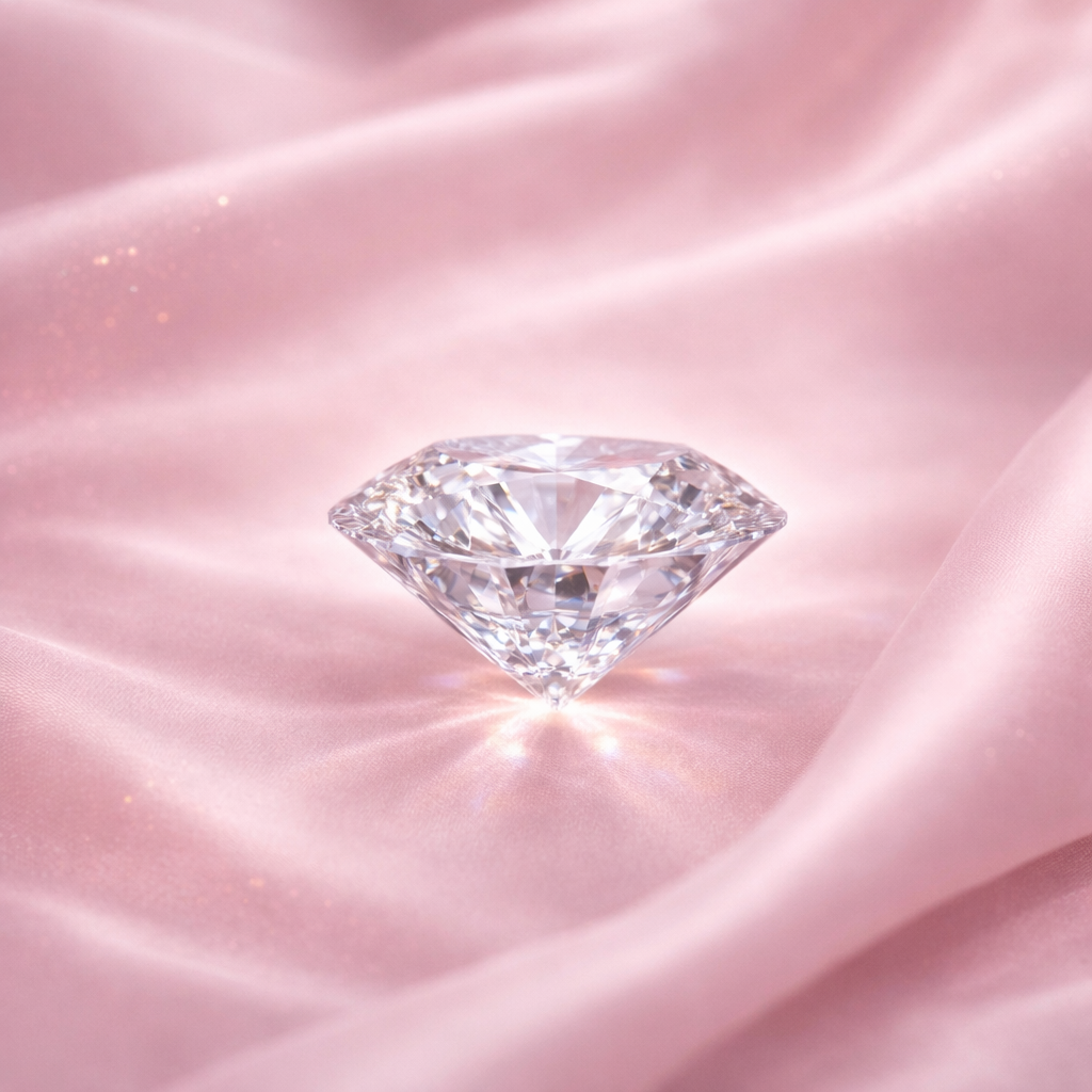 Cristal transparent posé sur satin rose poudré avec halo lumineux, symbole de pureté et d’éclat dans l’univers d’infusions féminines Hazellia.

