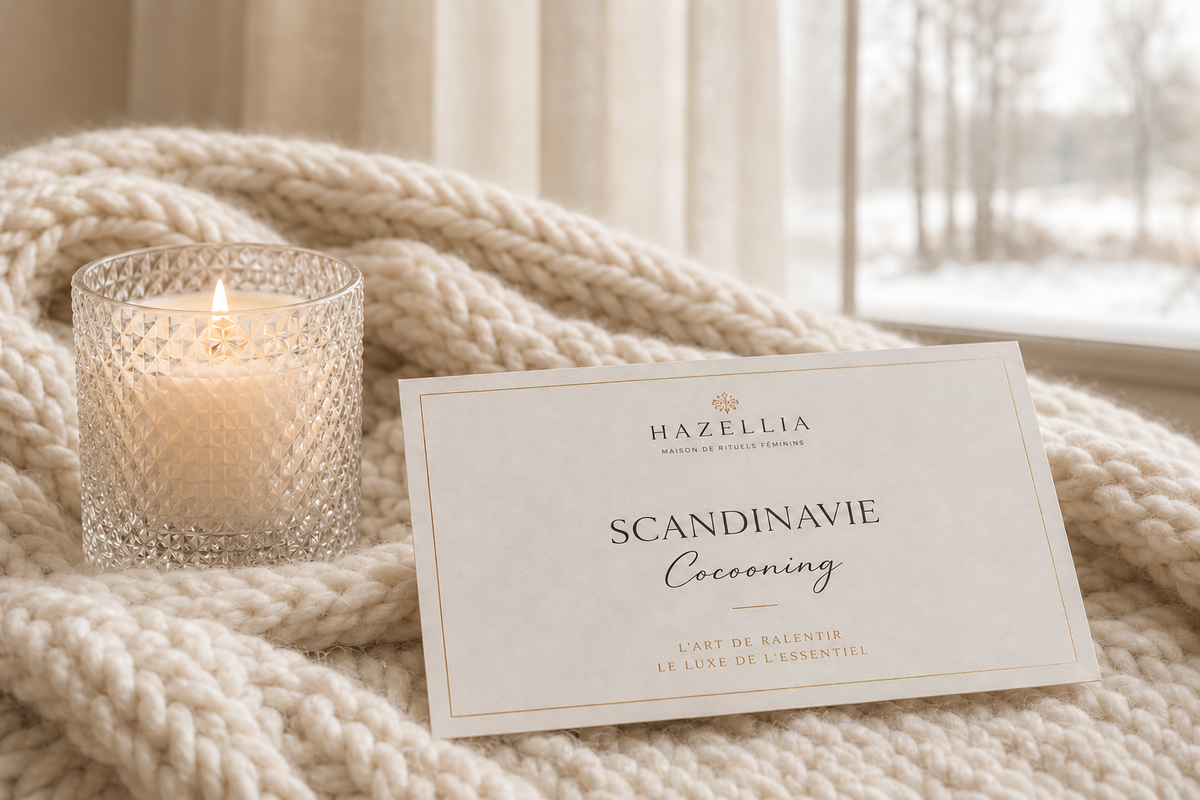 Salon scandinave lumineux en bois clair avec canapé ivoire et fleurs sur table, vue sur forêt nordique — Scandinavie Cocooning Hazellia

