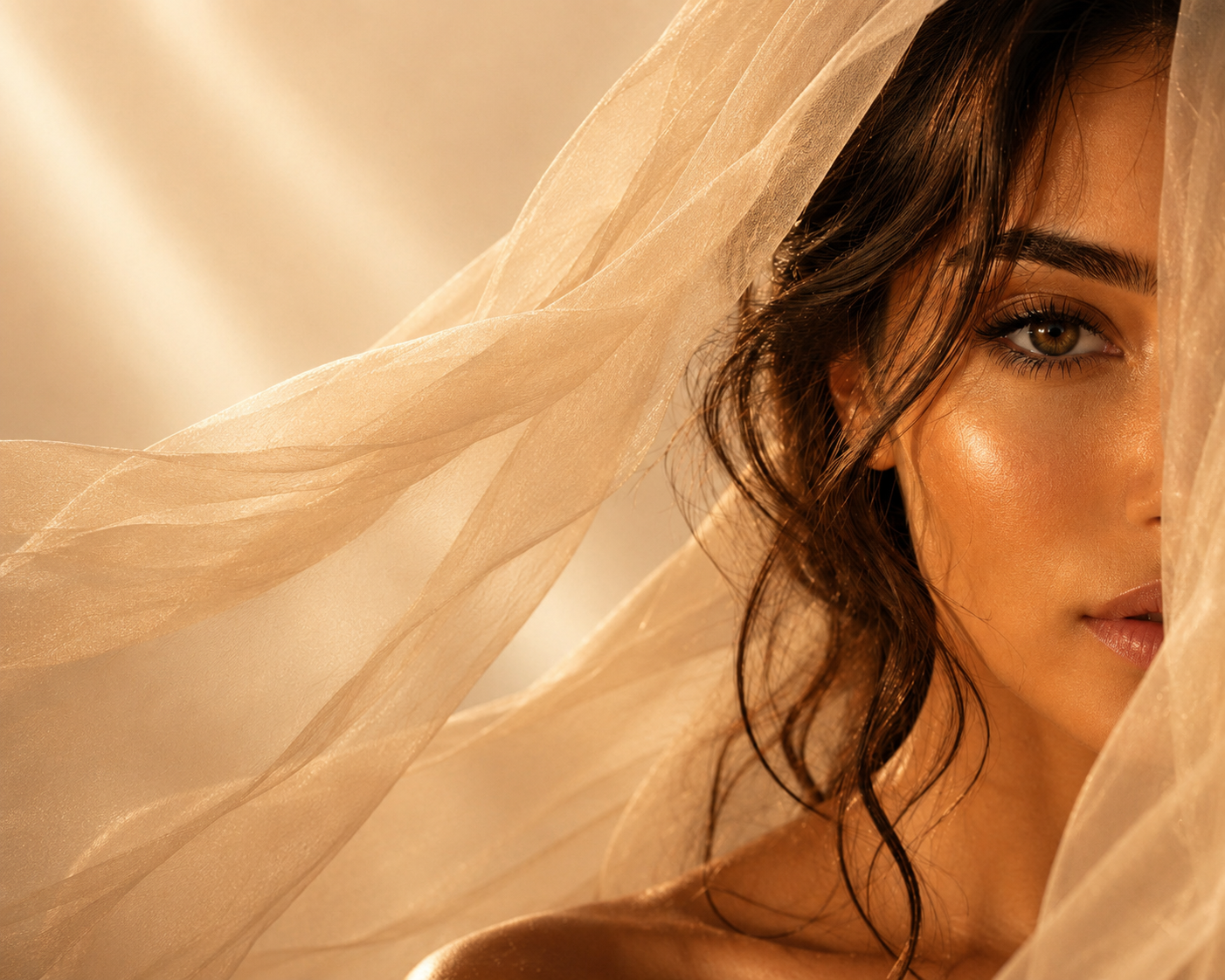 Femme Radieuse Hazellia au voile champagne doré, univers solaire de GlowTox