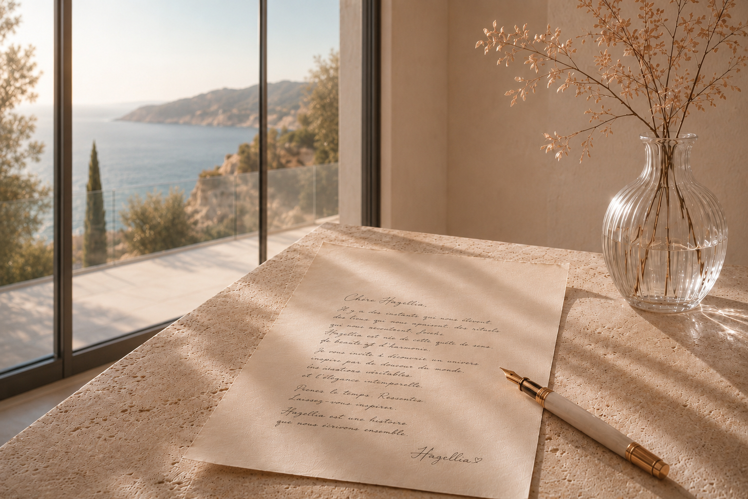 La Lettre Hazellia, feuille d’écriture et stylo plume sur table en pierre naturelle face à une baie vitrée avec vue mer, ambiance élégante, douce et inspirante.

