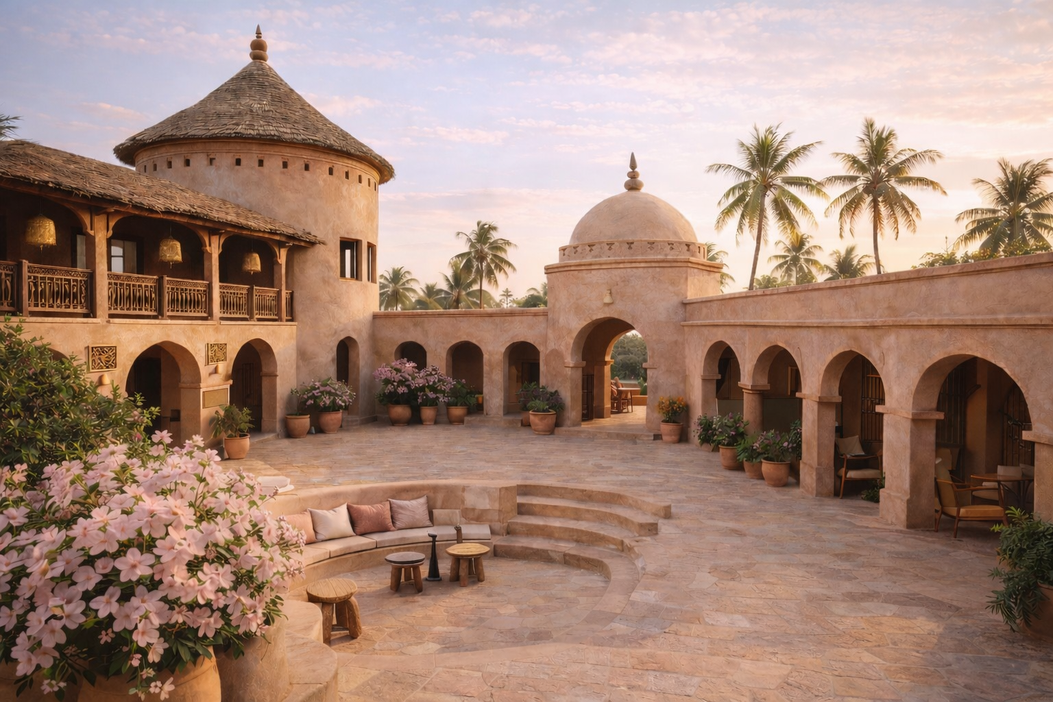 cour intérieure élégante aux tons sable avec architecture africaine, arches, palmiers et lumière dorée douce, inspiration voyage Sénégal Hazellia
