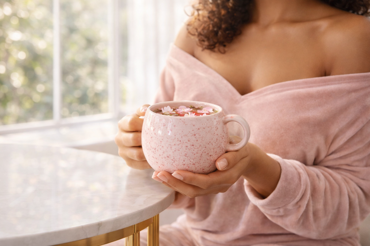 femme en tenue rose poudré tenant une tasse d’infusion florale dans une ambiance douce et lumineuse, rituel beauté féminin Hazellia