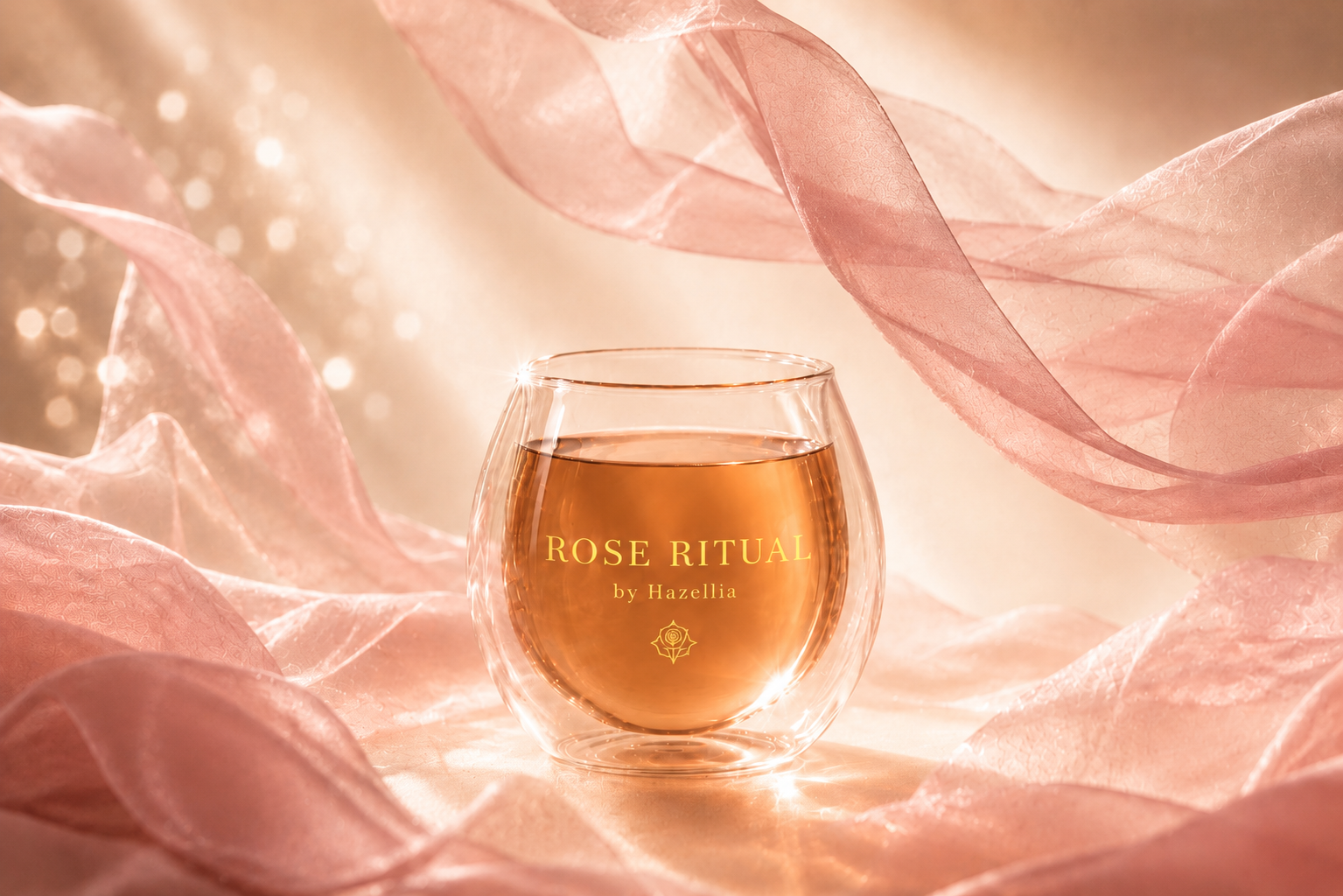 Infusion Rose Ritual Hazellia dans un mug en verre double paroi, voile rose poudré et lumière champagne, univers élégance, douceur et art de vivre.

