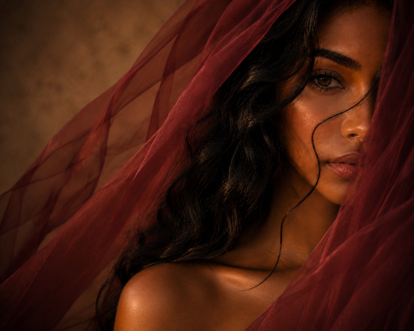 Femme Puissante Hazellia au voile rouge profond, univers intense de Rose Blood