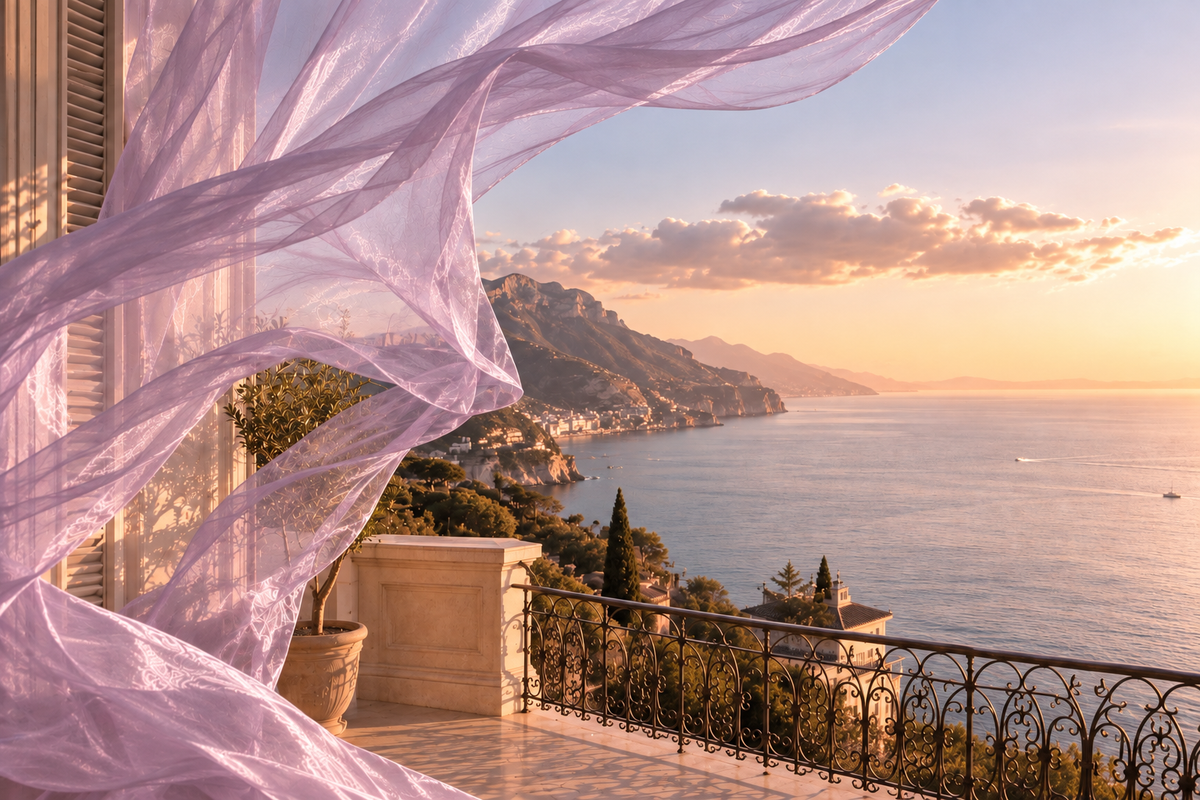 Terrasse italienne luxe avec voile rose poudré Muse Opal, vue mer, paysage côtier romantique et ambiance premium Hazellia
