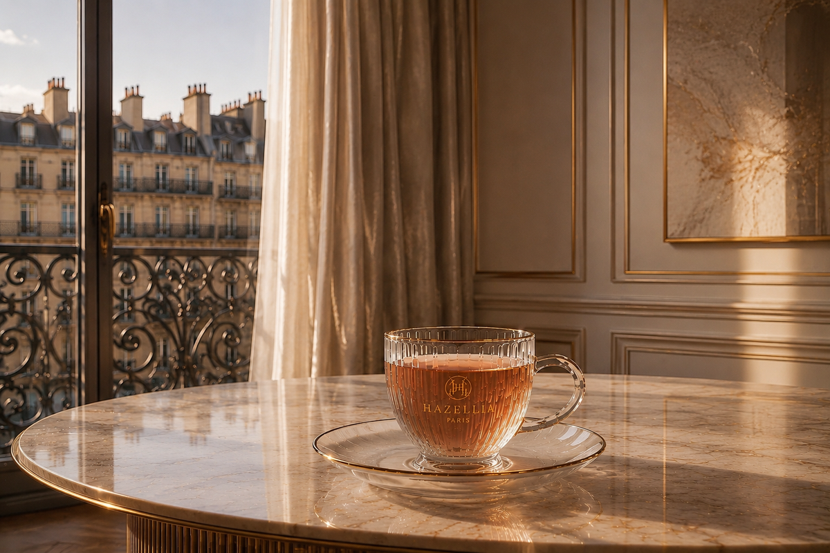 Rose Velours, infusion Hazellia dans une tasse en verre élégante au cœur d’un intérieur parisien contemporain

