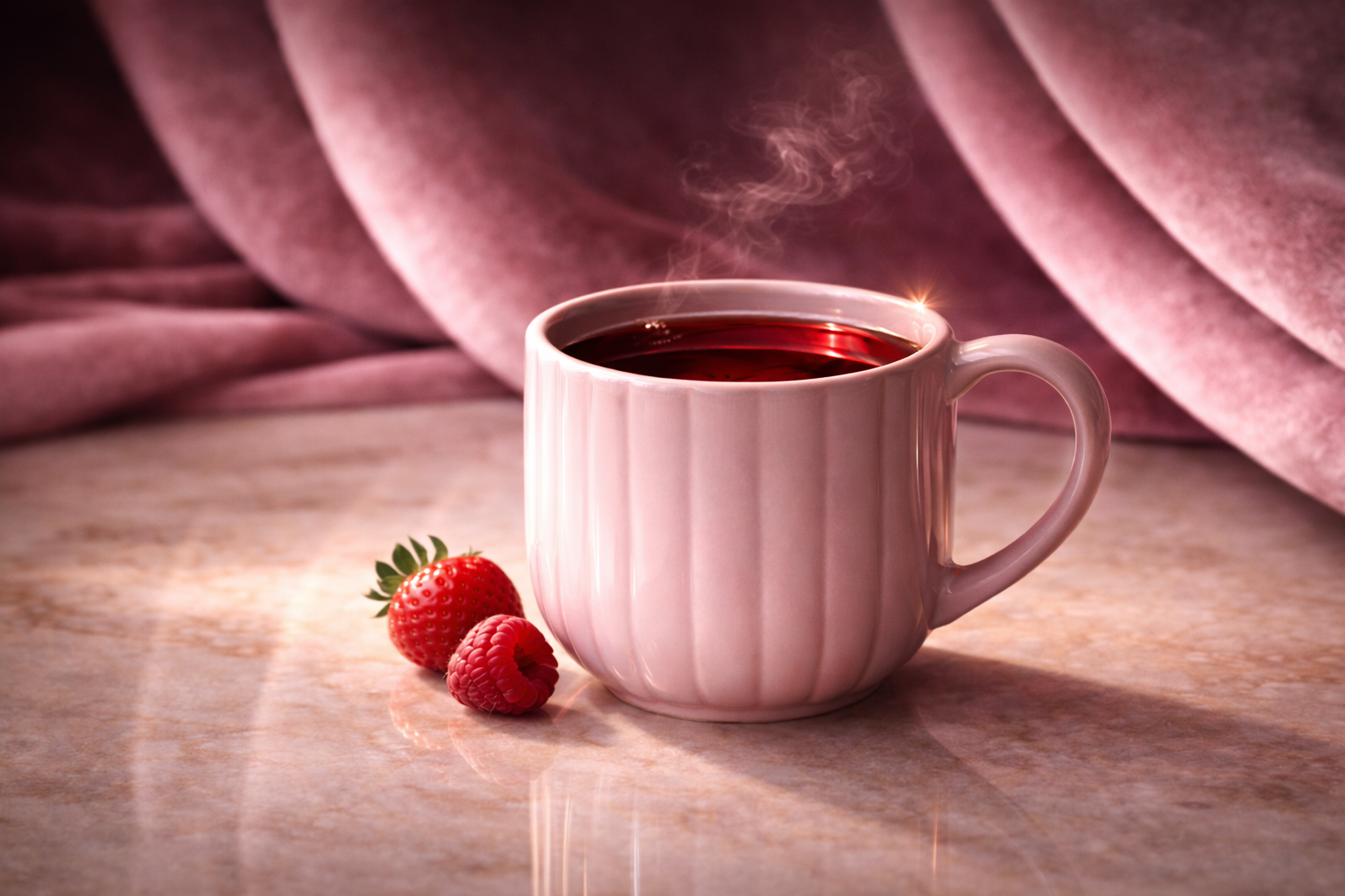 Infusion fruits rouges Hazellia Red Velvet servie chaude dans un mug rose poudré, vapeur délicate, fraise et framboise sur marbre, ambiance velours luxueuse.

