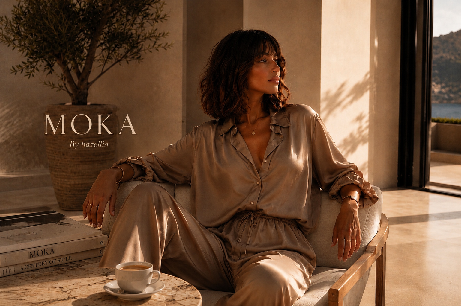 Ensemble satin taupe moka féminin porté dans une villa italienne face à la mer — collection capsule MOKA by Hazellia inspirée du luxe méditerranéen et de l’élégance italienne.

