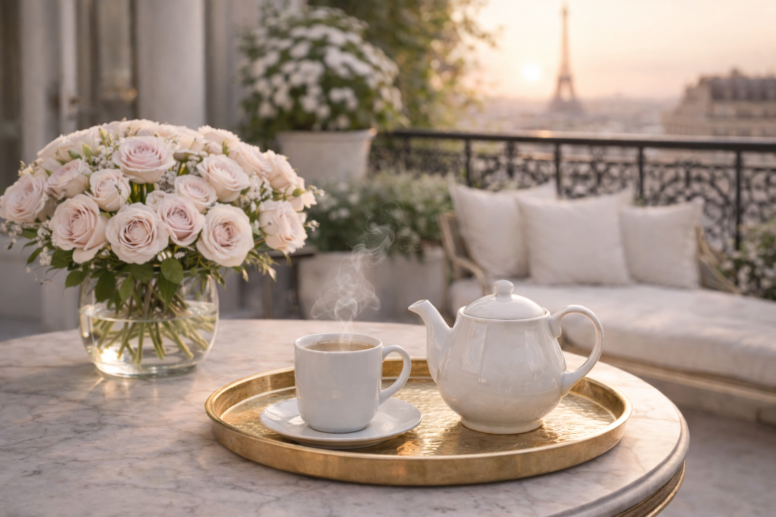 rituel d’infusion parisien théière et tasse sur plateau doré terrasse avec vue sur la tour eiffel inspiration paris hazellia

