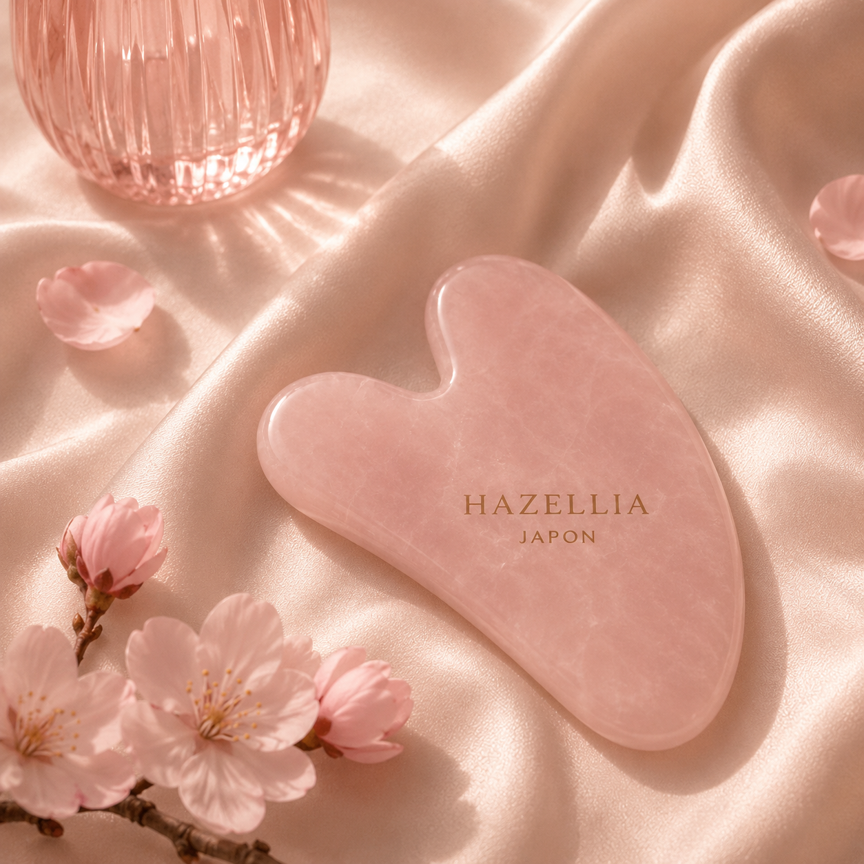 Gua sha en quartz rose sur satin ivoire avec fleurs de cerisier japonaises dans une ambiance beauté luxe inspirée du Japon et de l’univers féminin Hazellia Voyage. 

