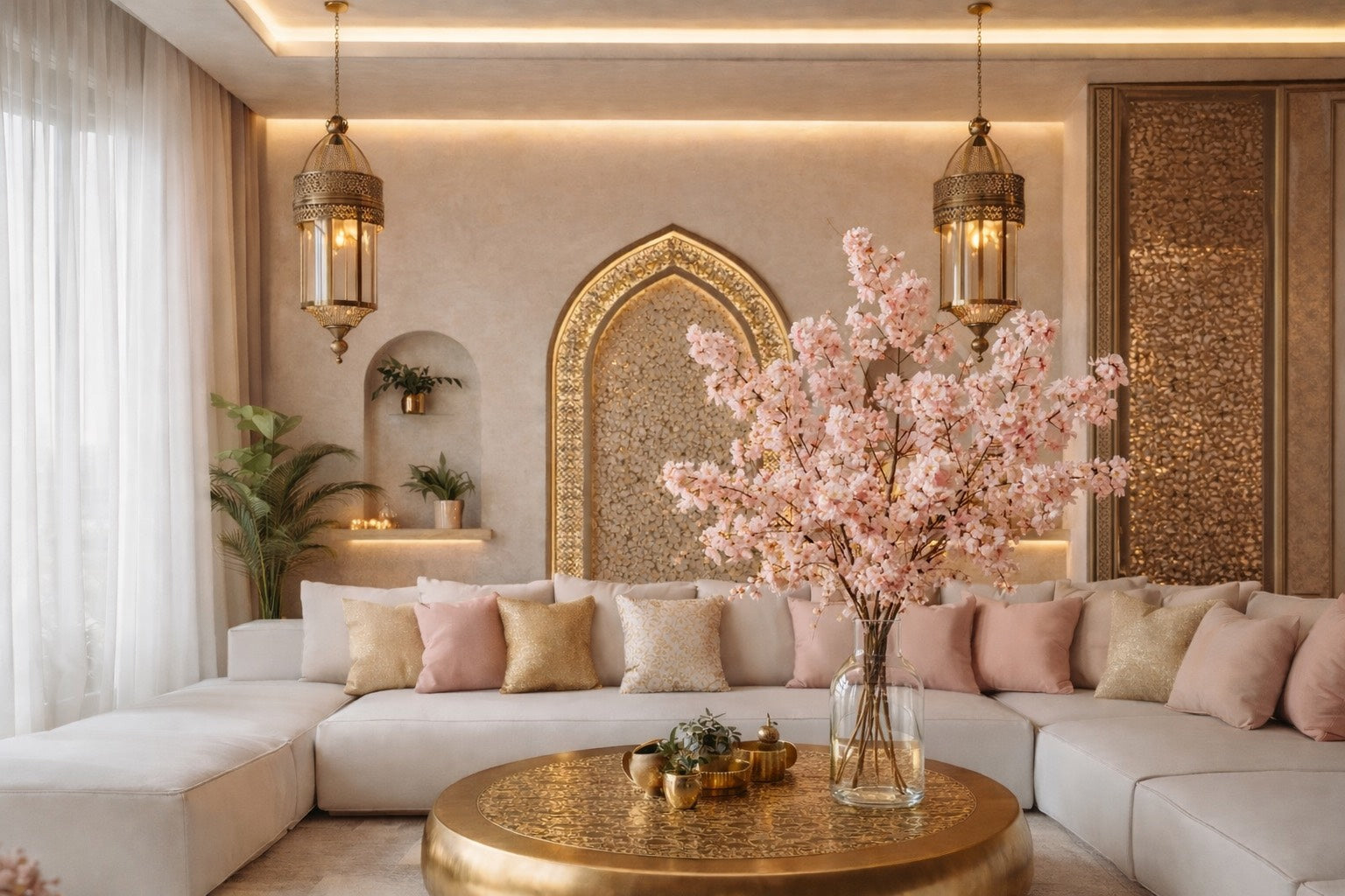 Salon marocain élégant revisité dans l’univers Hazellia, avec canapé clair, coussins beige doré et rose poudré, table basse dorée, vase transparent et branches de cerisier, ambiance chaleureuse et raffinée.