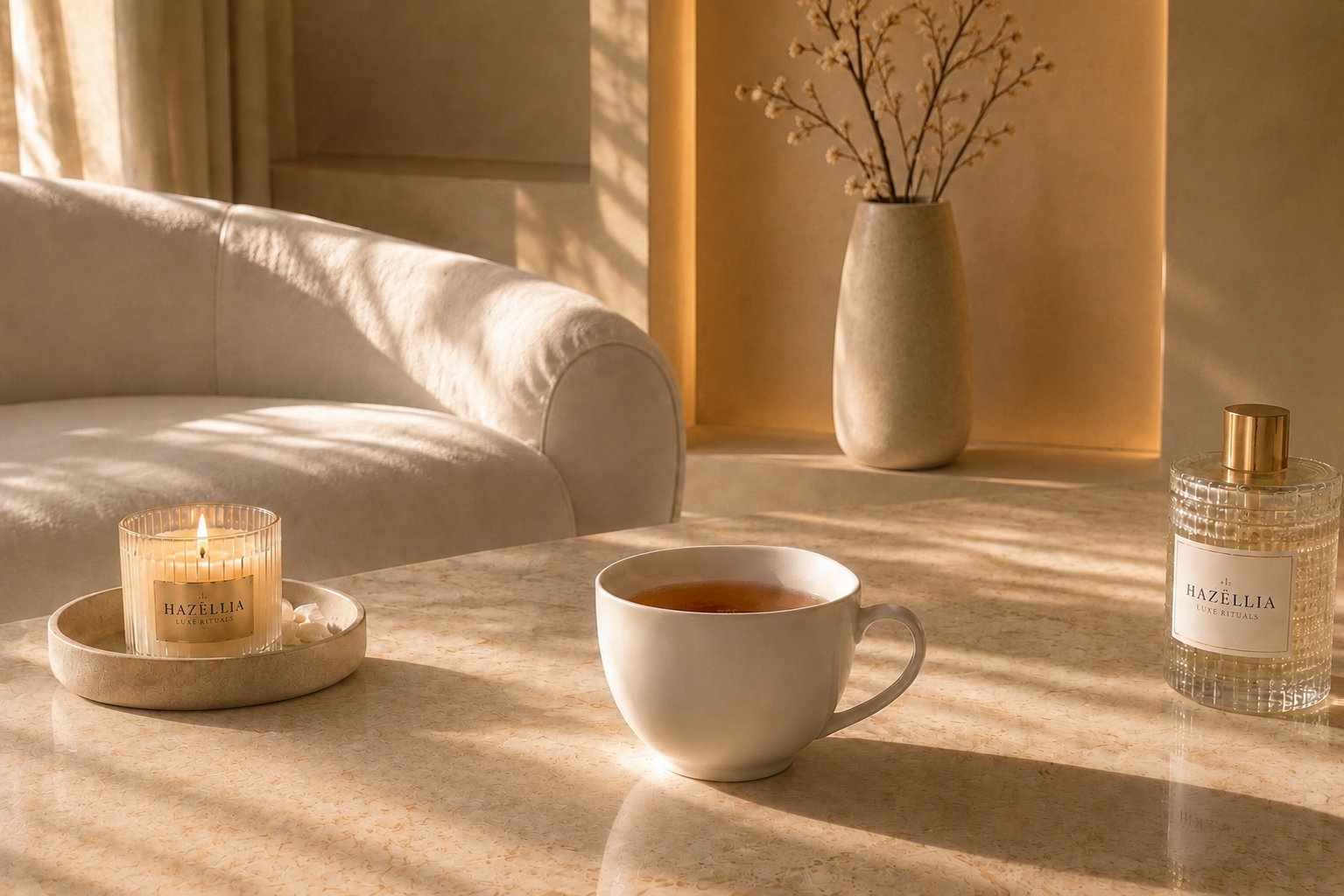 Infusion CherryTox et Rituel Silhouette Fluide Hazellia, rituel bien-être féminin dans un intérieur ivoire et beige épuré

