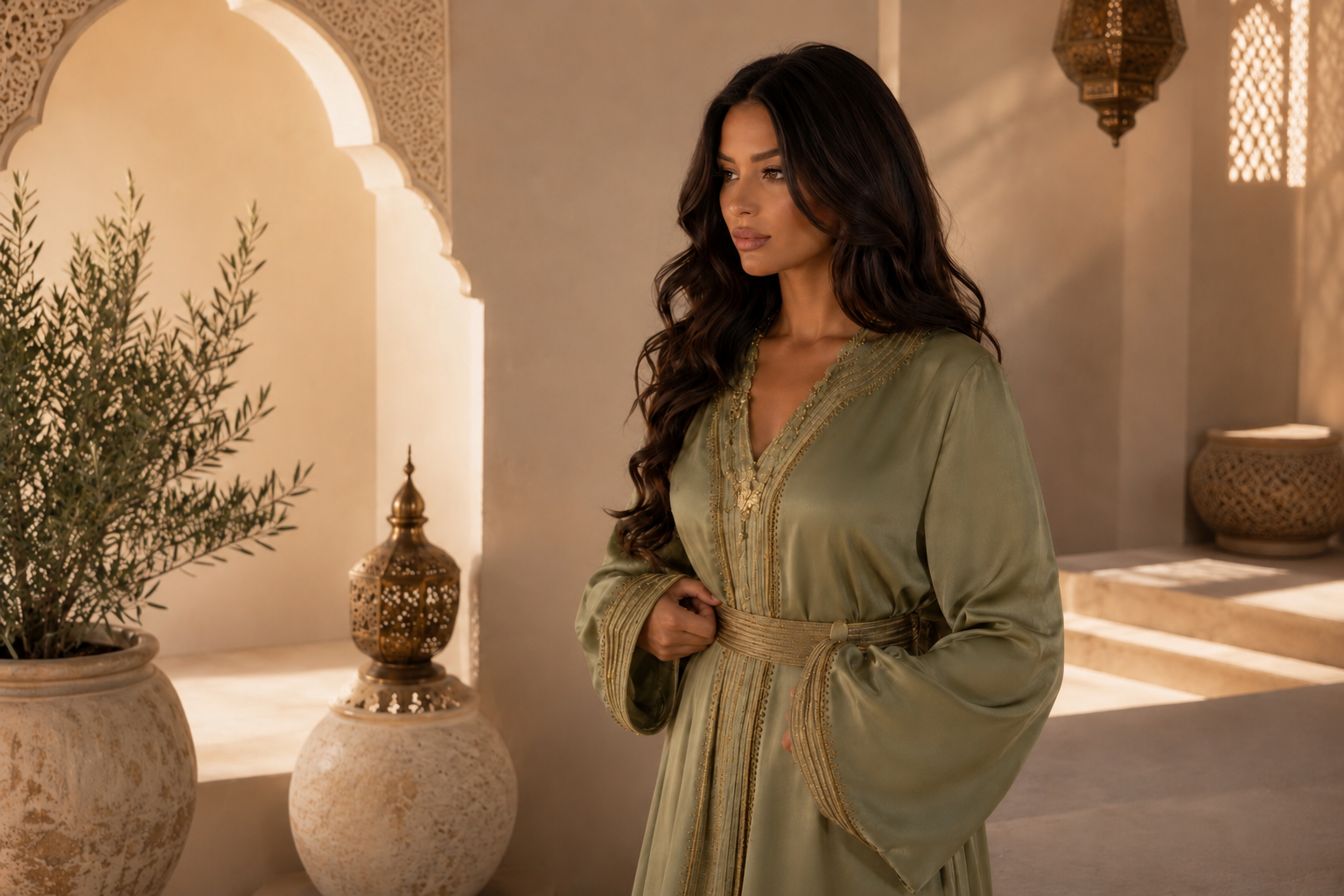 caftan vert sauge de style marocain avec broderies dorées, élégance orientale, univers Maroc Douceur Hazellia et infusion Mint Atlas.
