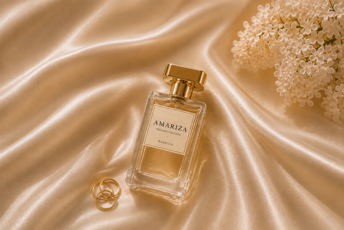 Parfum Amariza Hazellia posé sur satin champagne, univers Italie Dolce Vita premium et lumineux

