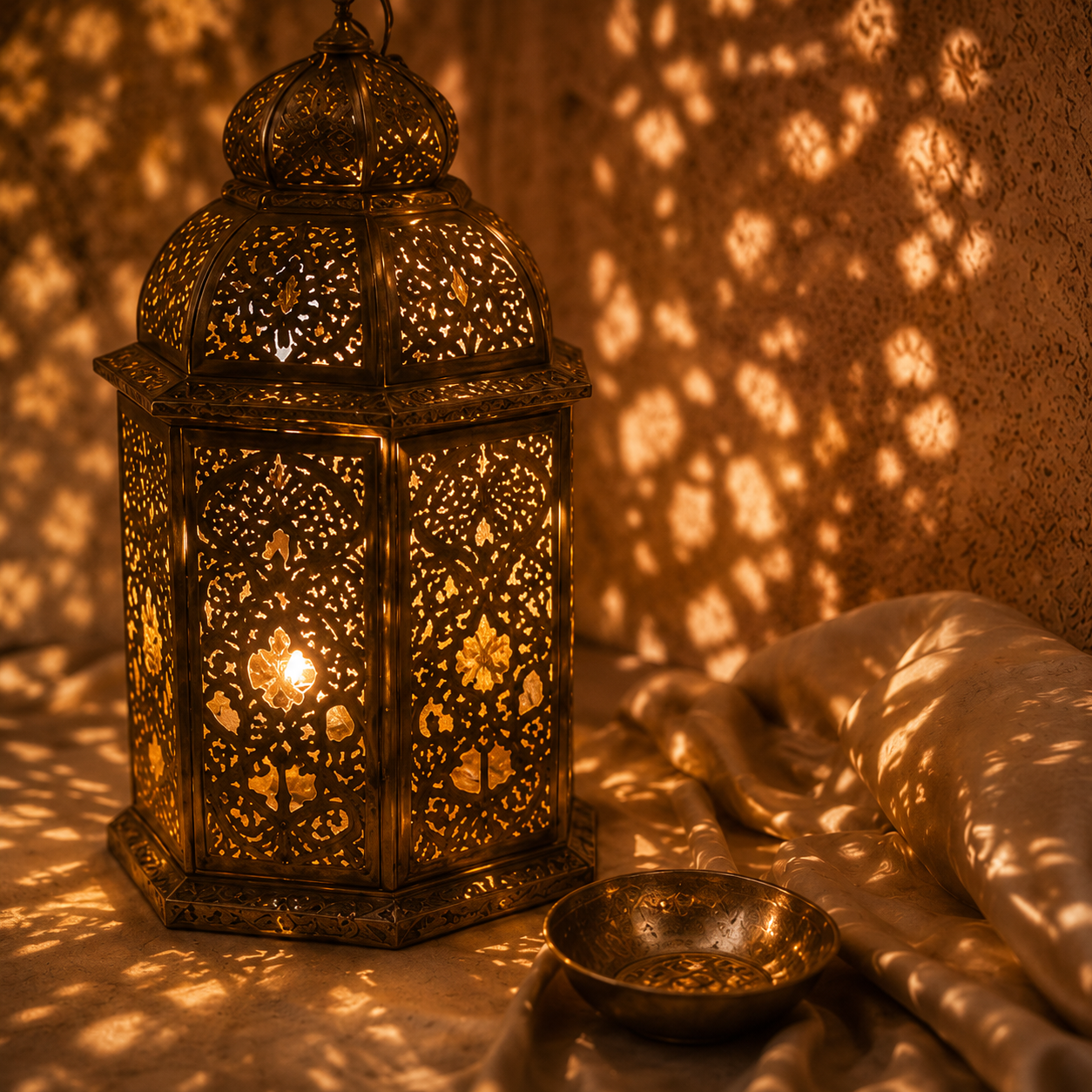 Lanterne marocaine dorée projetant des ombres orientales sur un satin beige lumineux dans une ambiance chaleureuse et éditoriale inspirée de l’univers Hazellia Voyage Maroc. 


