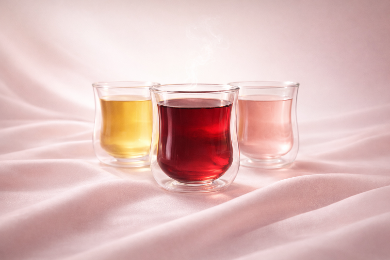 Infusions HazBloom Hazellia en verres double paroi sur satin rose poudré, rituel féminin premium – thé rouge rubis, infusion dorée et rose pâle, ambiance luxe parfum.

