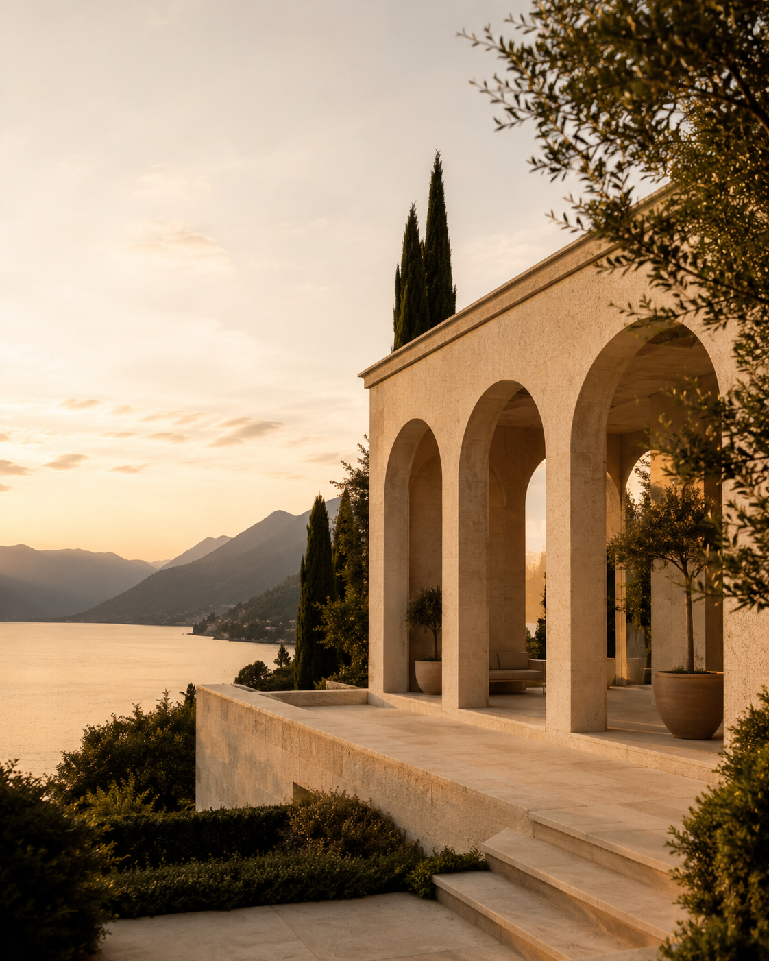 Villa italienne moderne luxe Hazellia Voyage — architecture beige pierre avec arches contemporaines, vue sur lac italien au coucher du soleil et ambiance dolce vita minimaliste premium


