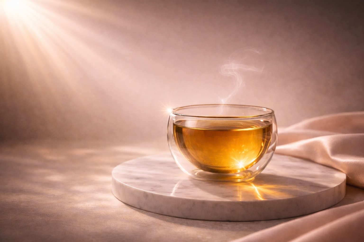 Golden herbal tea in a glass cup with soft sunlight on marble tray, feminine ritual infusion Hazellia

