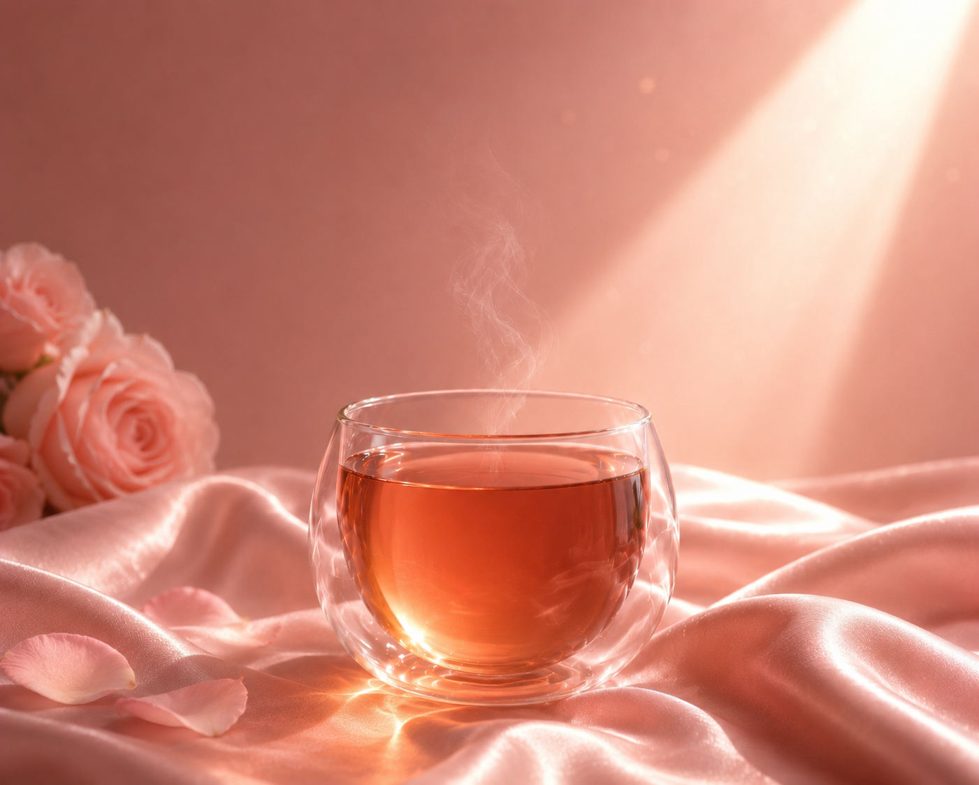 Rose Ritual Hazellia avec infusion ambrée, verre double paroi et satin rose poudré dans une ambiance premium féminine.


