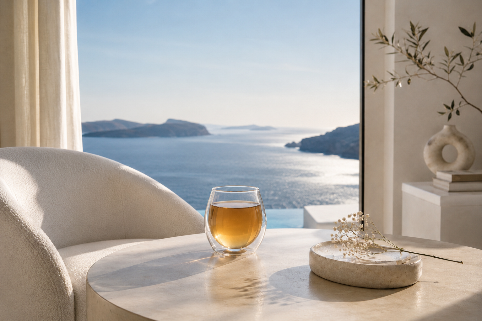 Infusion bio premium Zéphyr Gleam dans un mug en verre double paroi, rituel Lumière Bleue Hazellia au sein d’un intérieur contemporain épuré avec vue sur la mer Égée et l’univers Grèce Éternelle.

